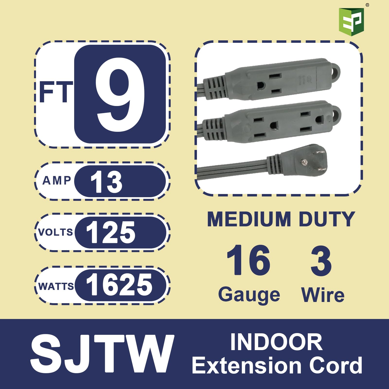 Ep 9 Ft 3 Outlet Extension Cord With Flat Plug, 3 Prong Grounded, 16/3 Spt 3 Power Cable For Indoor Use, Grey, 2 Pack