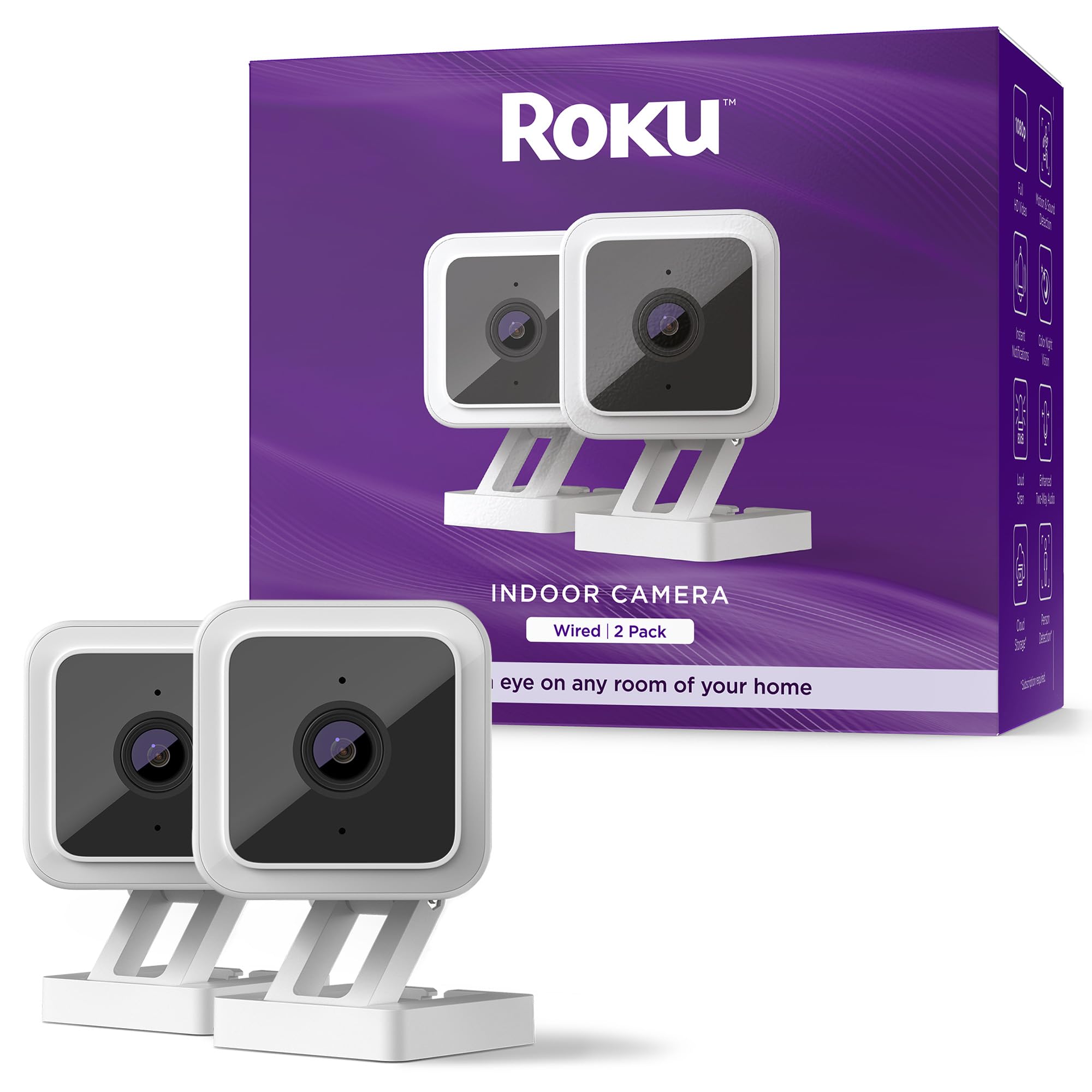 Roku Indoor Camera For Home Security, 2 Pack   Wired Security Camera With 1080P Hd Color Night Vision, Works With Alexa & Google, Motion & Sound Detection, Built In Siren, 90 Day Subscription Included