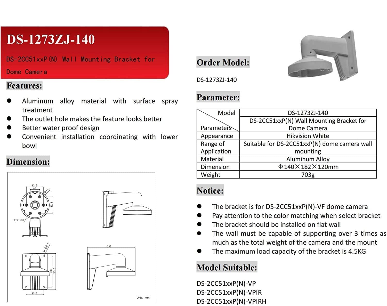 Pc140 Wms Wml Ds 1273Zj 140 Ltb342 140 Wall Mount Bracket For Hik Vision Ds 2Cd2347G2 Lu, Ds 2Cd2387G2 Lu