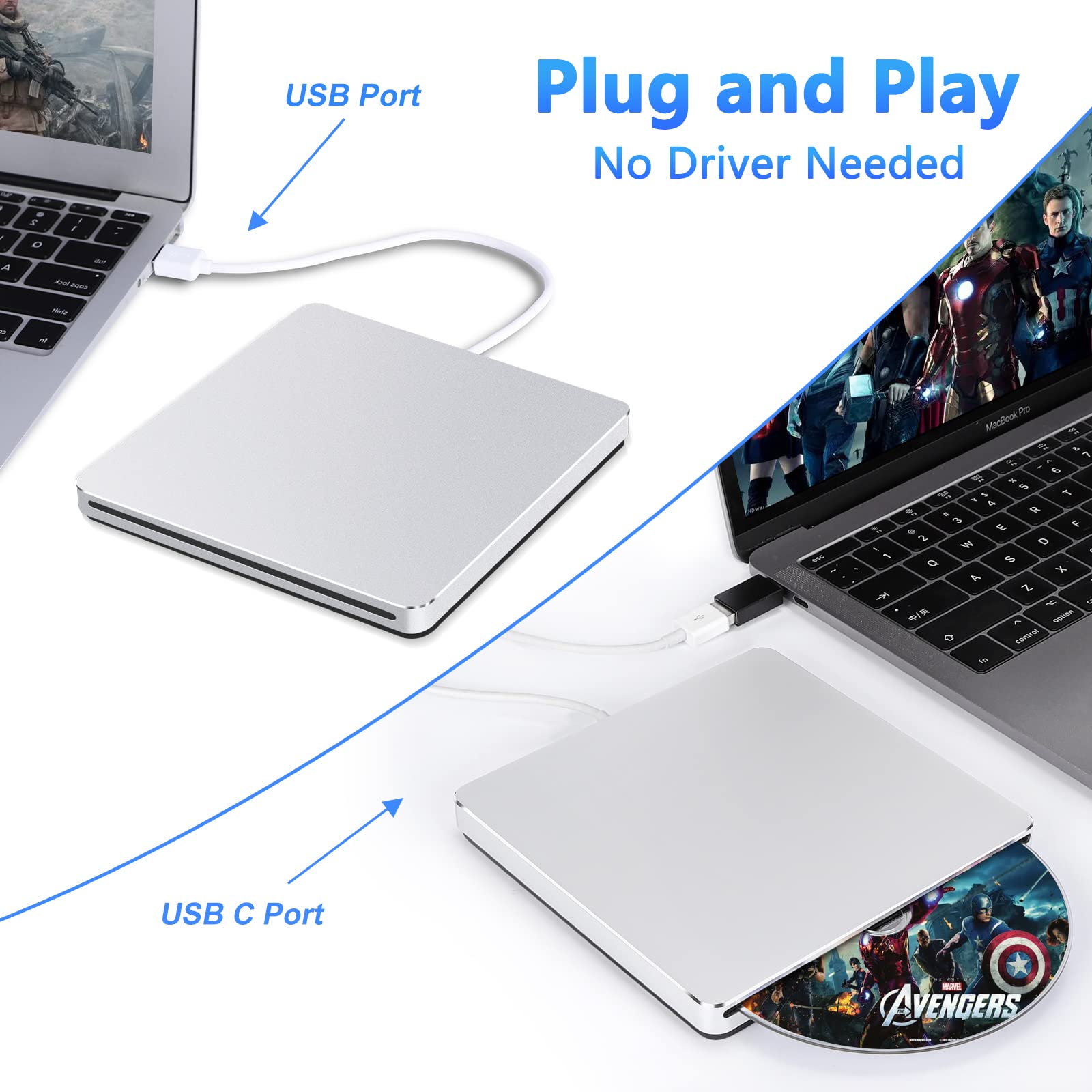 Guamar External Cd Dvd Drive Superdrive For Apple, Aluminum Alloy Slot In Usb Cd/Dvd Burner, Portable Cd Reader Dvd Player Write