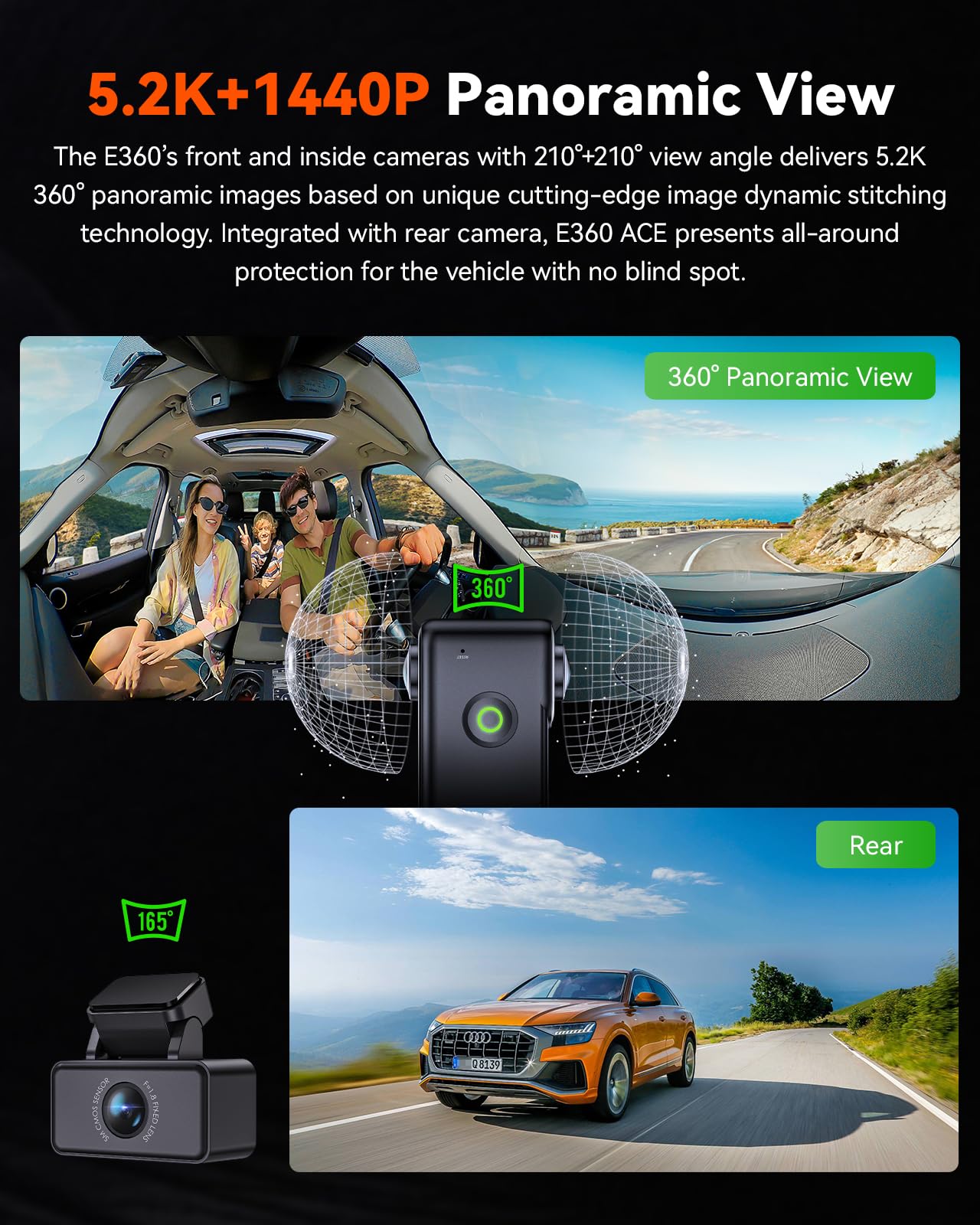 Vantrue E360 Ace 5.2K 360 Panoramic Wifi Dash Cam, Handheld Action Camera, Starvis 2, Hdr, Ir Night Vision, Front Rear Inside Da