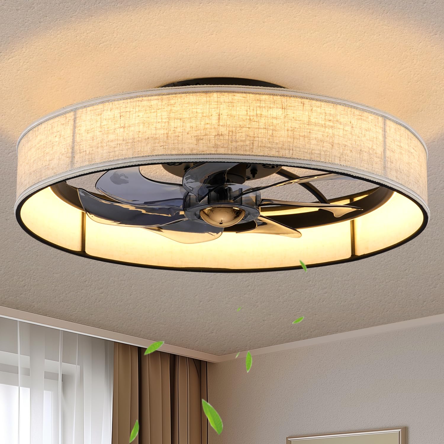 HUEOCZW 19.6 Flush Mount Caged Ceiling Fan with Light and Remote,Boho Farmhouse Bladeless Fabric Design, Dimmable LED 3 Colors,6