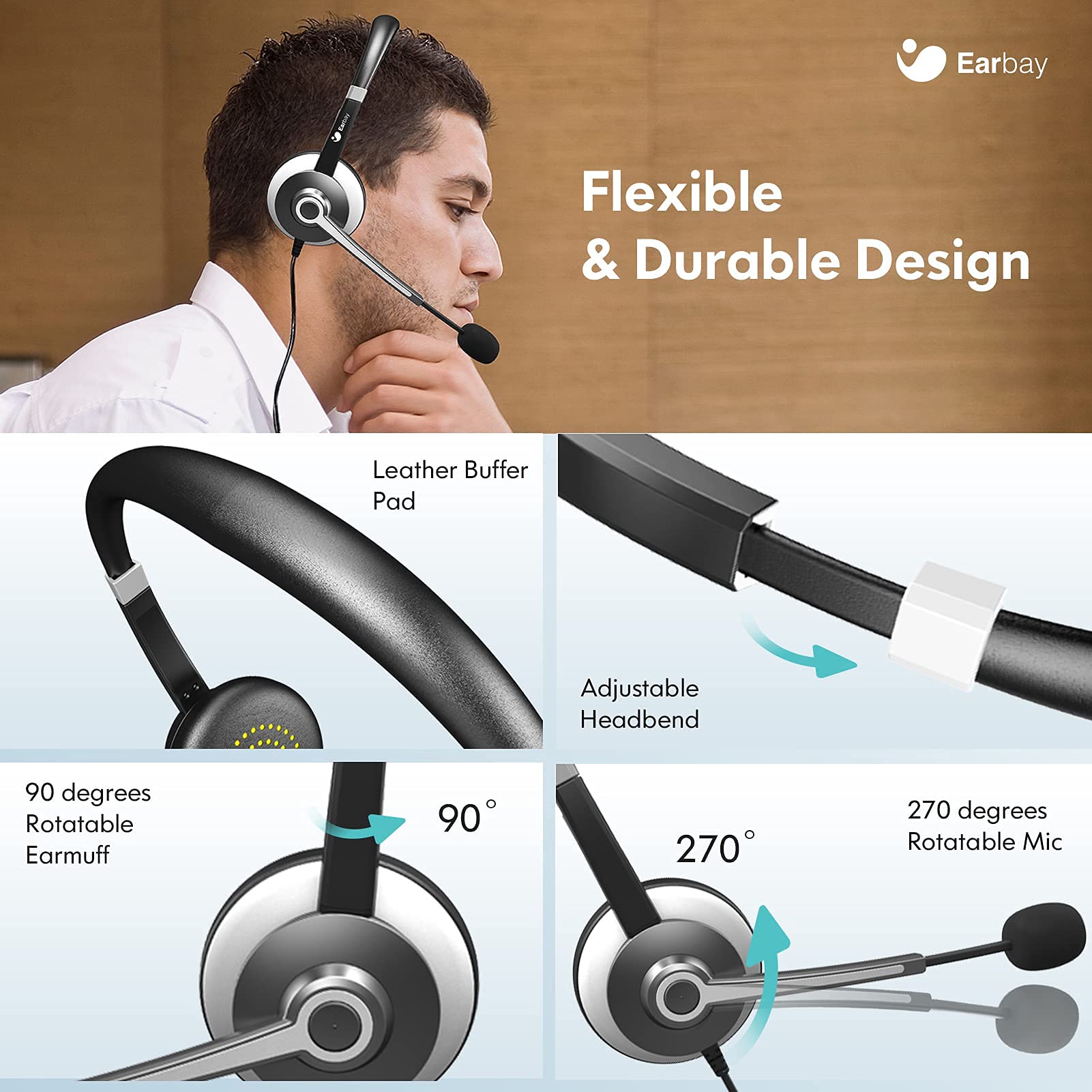 Earbay Usb Headset With Microphone For Pc, Computer Headset With Microphone Noise Cancelling For Laptop, 3.5Mm Jack On Ear Wired Headphones With Mic, Volume Control For Call Center/Skype/Zoom/Webinar