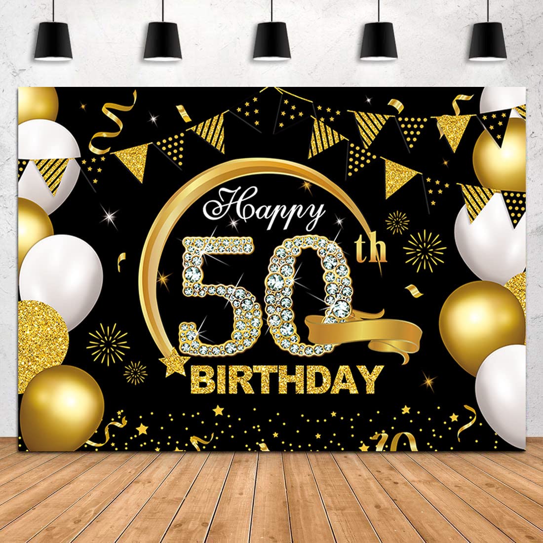 5X3Ft Happy 50Th Birthday Banner Backdrop Black And Gold 50Th Birthday Decorations For Men Women 50 Birthday Sign Party Supplies