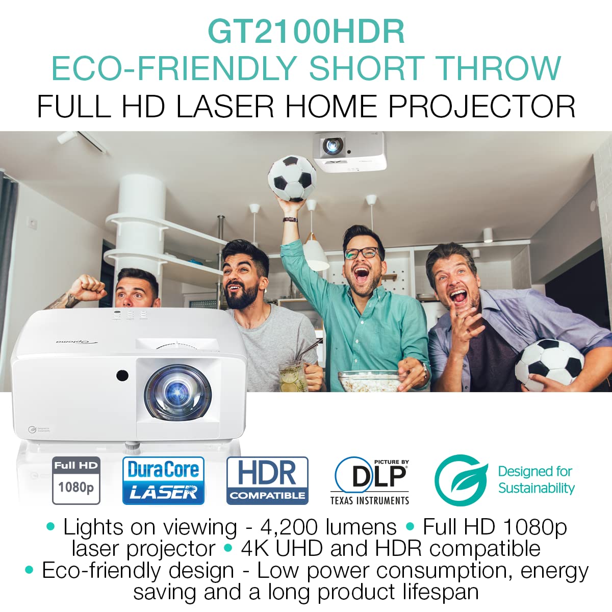 Optoma Gt2100Hdr Compact Short Throw Laser Home Theater And Gaming Projector, 1080P Hd With 4K Hdr Input, Bright 4,200 Lumens Fo