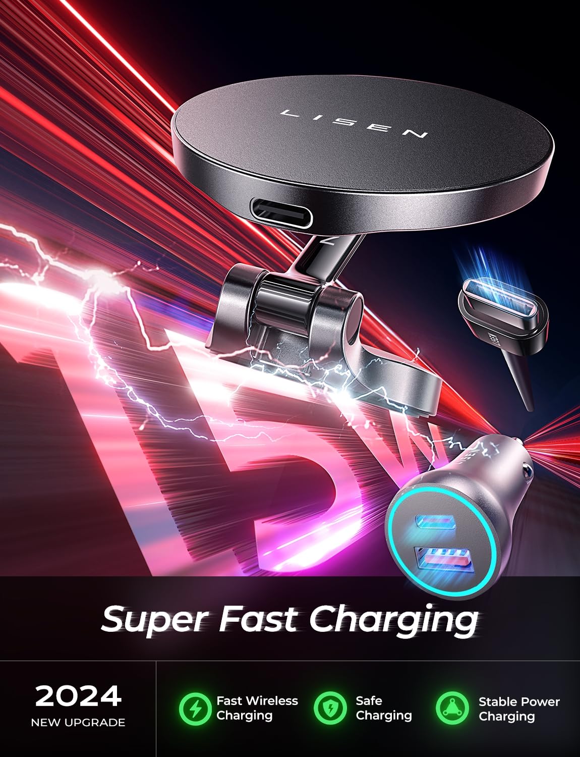 Lisen For Magsafe Car Charger, 15W Ultra Magnetic Car Phone Holder, For Magsafe Car Mount Charger Metal Dashboard Cell Phone Car