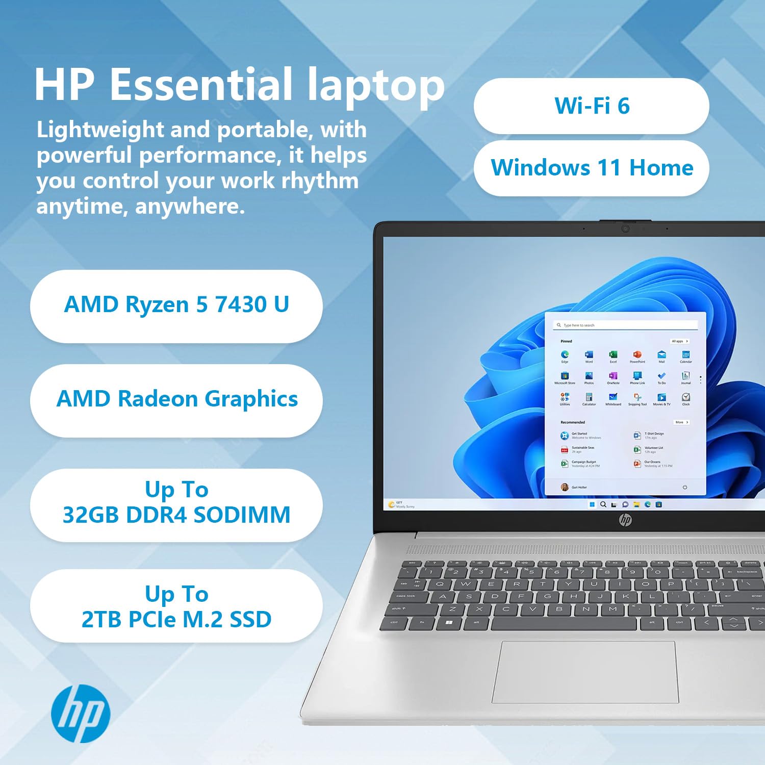 Hp 17.3'' Fhd Laptop, Amd Ryzen 5 7430U, 32Gb Ram, 512Gb Pcie Ssd, Numeric Keypad, Webcam, Hdmi, Wi-Fi 6, Bluetooth, Windows 11