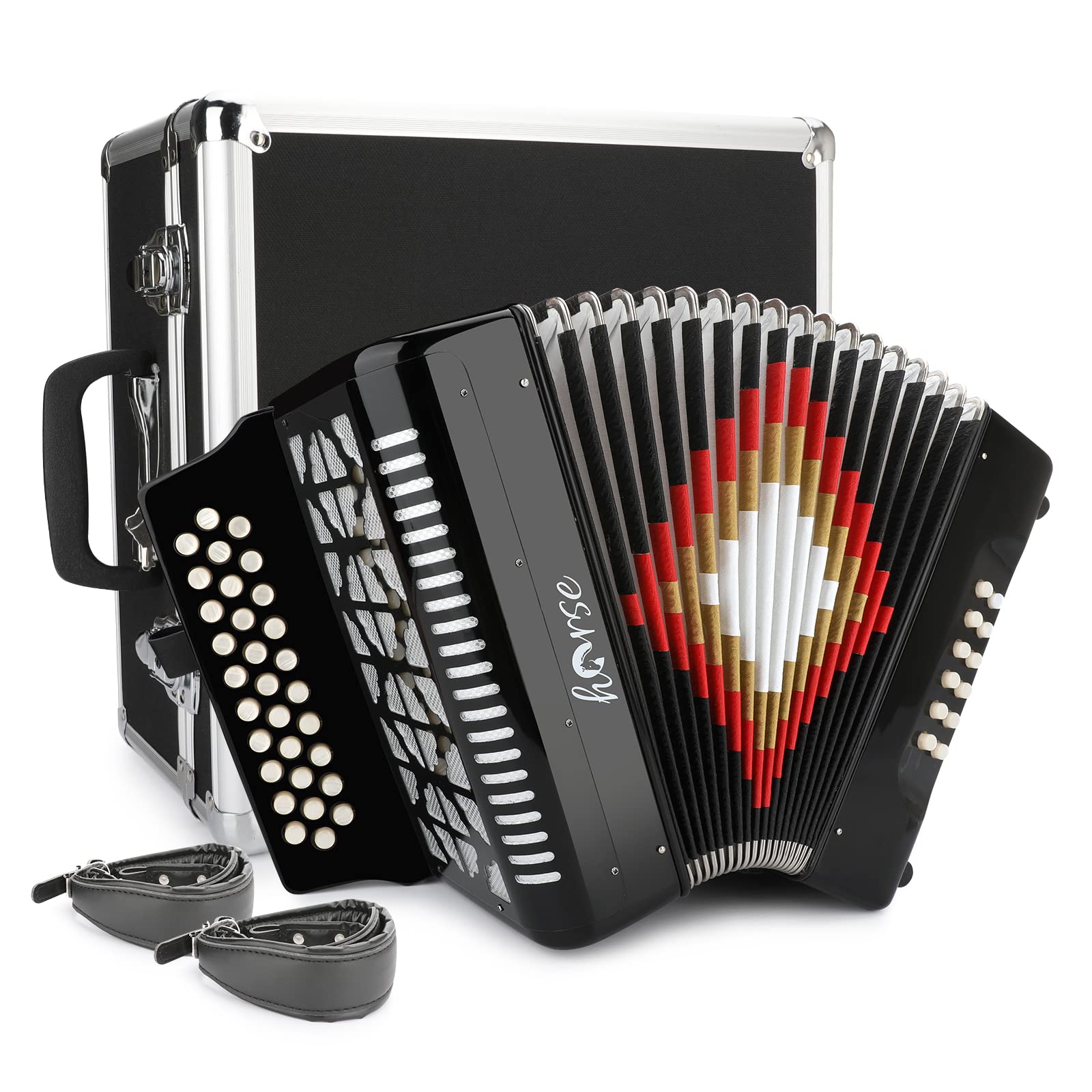 Horse 31 Key Accordion,12 Bass 3-Row F/B/E Diatonic Accordions Instruments for Adults with Thicked Suitcase and Straps, 31 Keys 