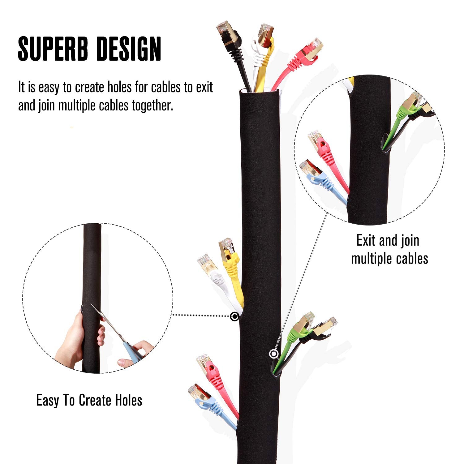 Cable Management Sleeves (12 Pack Straps Included) Neoprene Cord Organizer For Tv Usb Pc Computer Network Wires (120 Inches) Diy
