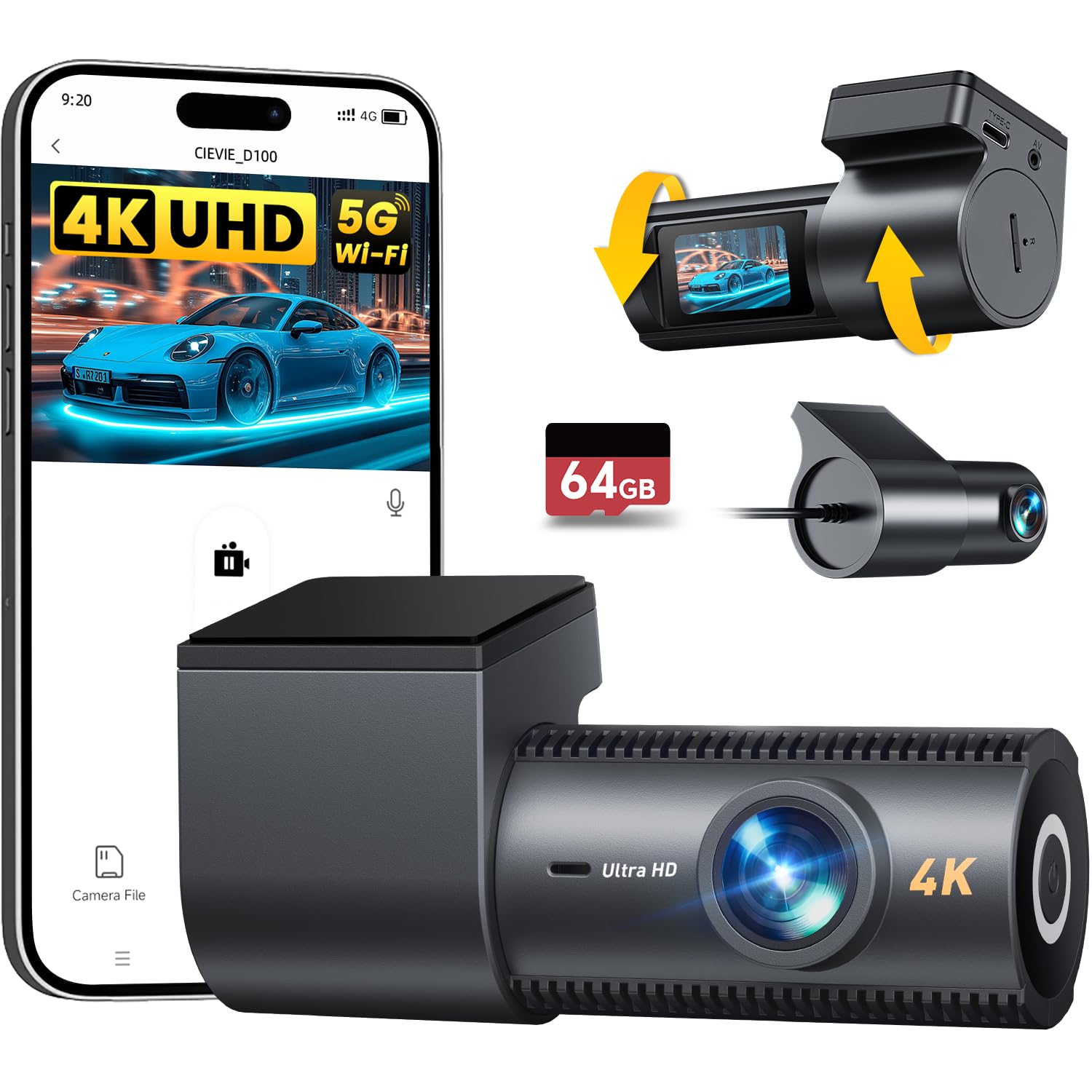 CIEVIE 4K Dash Cam Front and Rear, 64GB SD Card, 1.5    IPS Display Car Camera, 5Ghz WiFi+App Control, Night Vision, 24H Parking