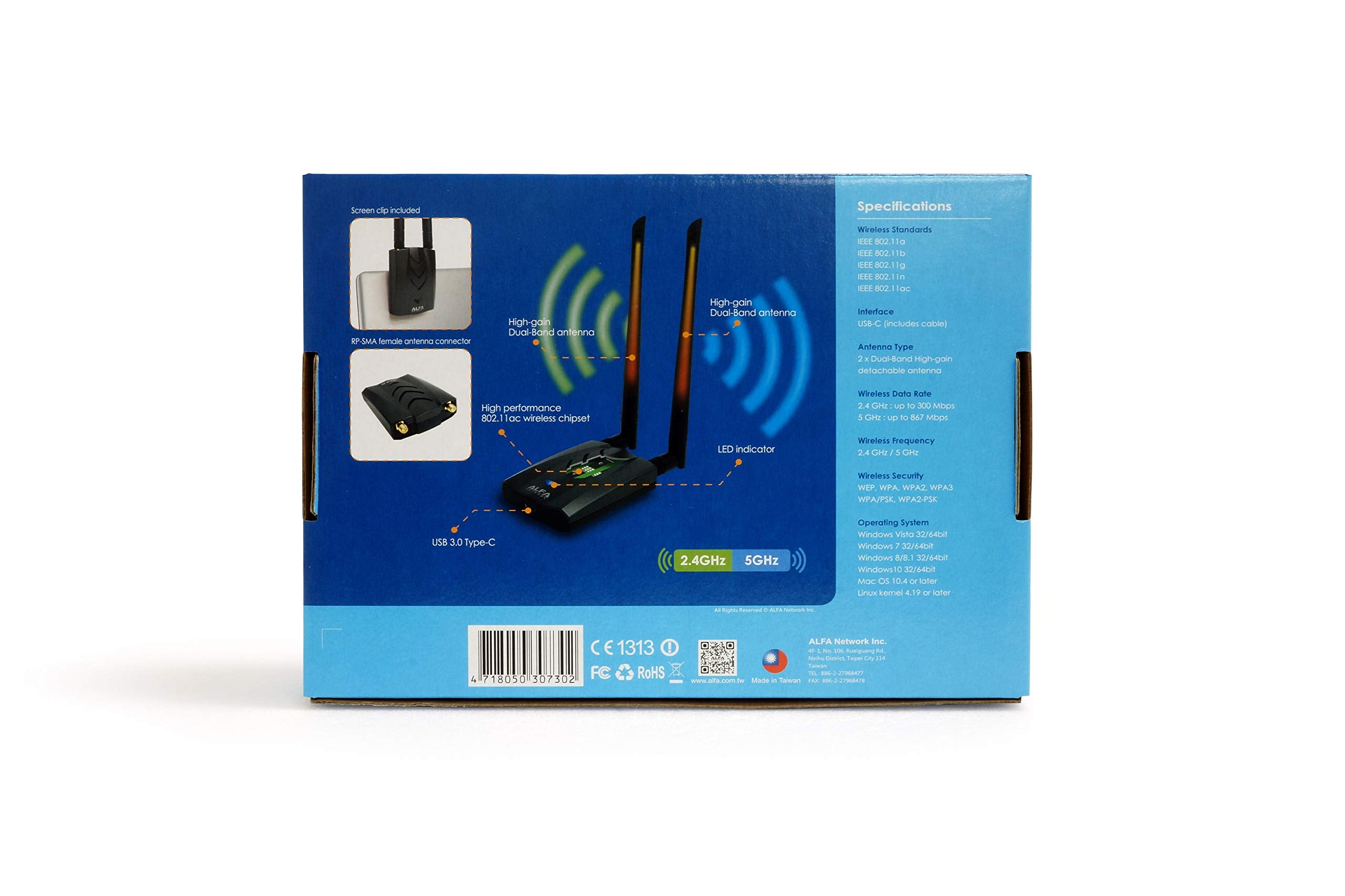 ?New Version Type-C Wifi Usb? Alfa Awus036Ach Long-Range Dual-Band Ac1200 Wireless Wi-Fi Adapter W/2X 5Dbi External Antennas - 2