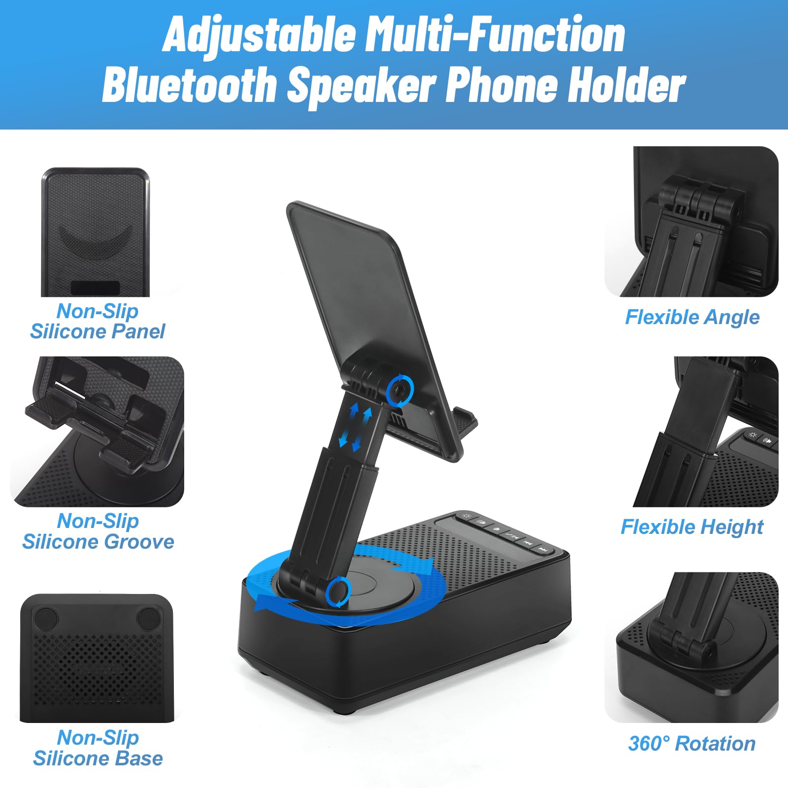 Toiysyy Cell Phone Stand With Bluetooth Speaker, Multi Angle 360 Degree Rotating, Hd Sound, Non Slip Base Gifts For Men/Women/Bo