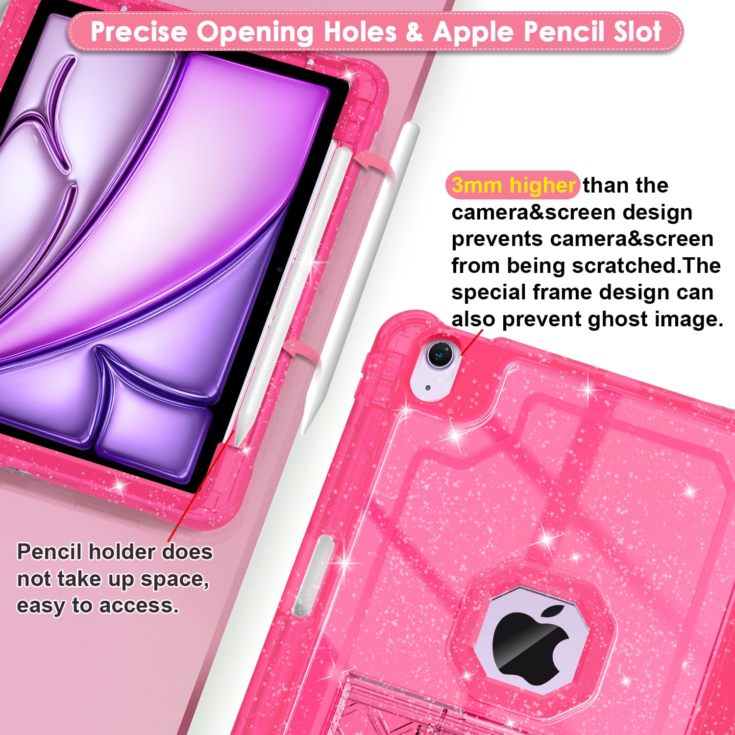 Zonefoker For Ipad Air 11 Inch Case 6Th/5Th/4Th Generation M2 11 Inch 2024/2022/2020 Case, Hot Pink Glitter Slim Cover For Kids