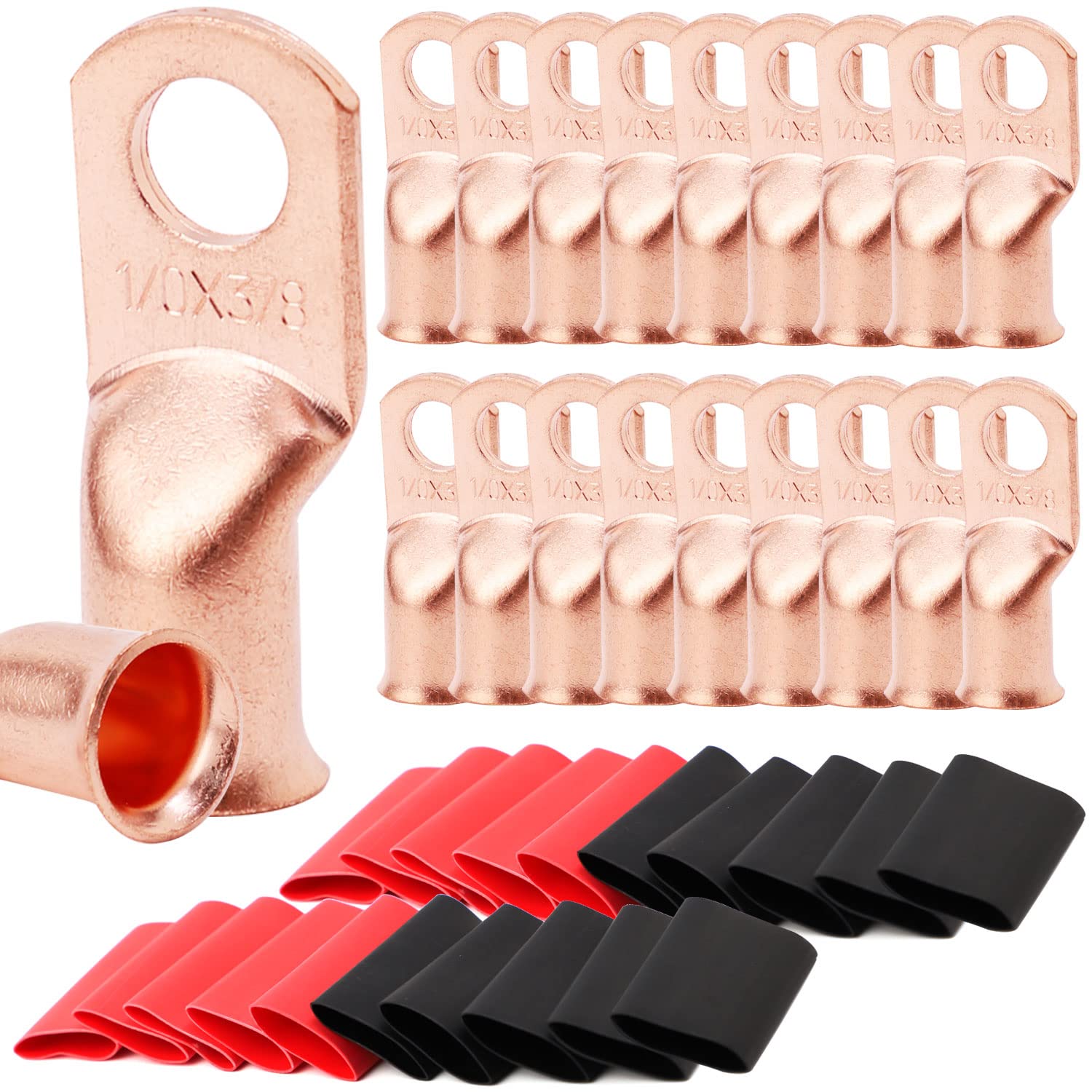 Tkdmr 20Pcs 1/0 Awg 3/8'' Battery Lugs,Copper Wire Lugs,Heavy Duty Battery Cable Ends,Tubular Ring Terminals,Awg Crimp Wire Ring