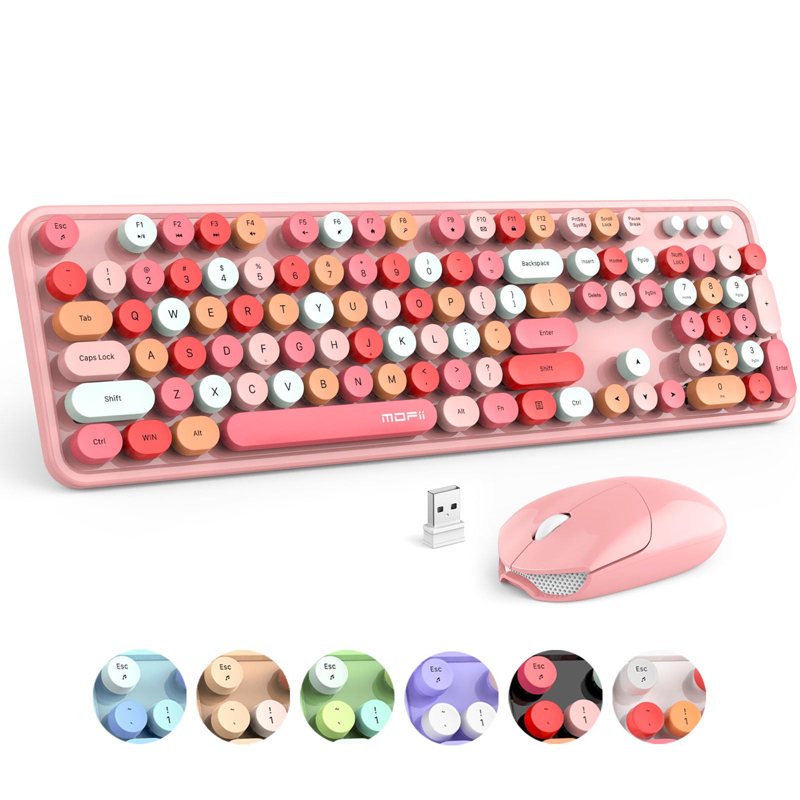 Mofii Wireless Keyboard And Mouse, Pink Colorful Round Key Retro Typewriter Keyboards, Usb Wireless 2.4G Full Size Keyboard And