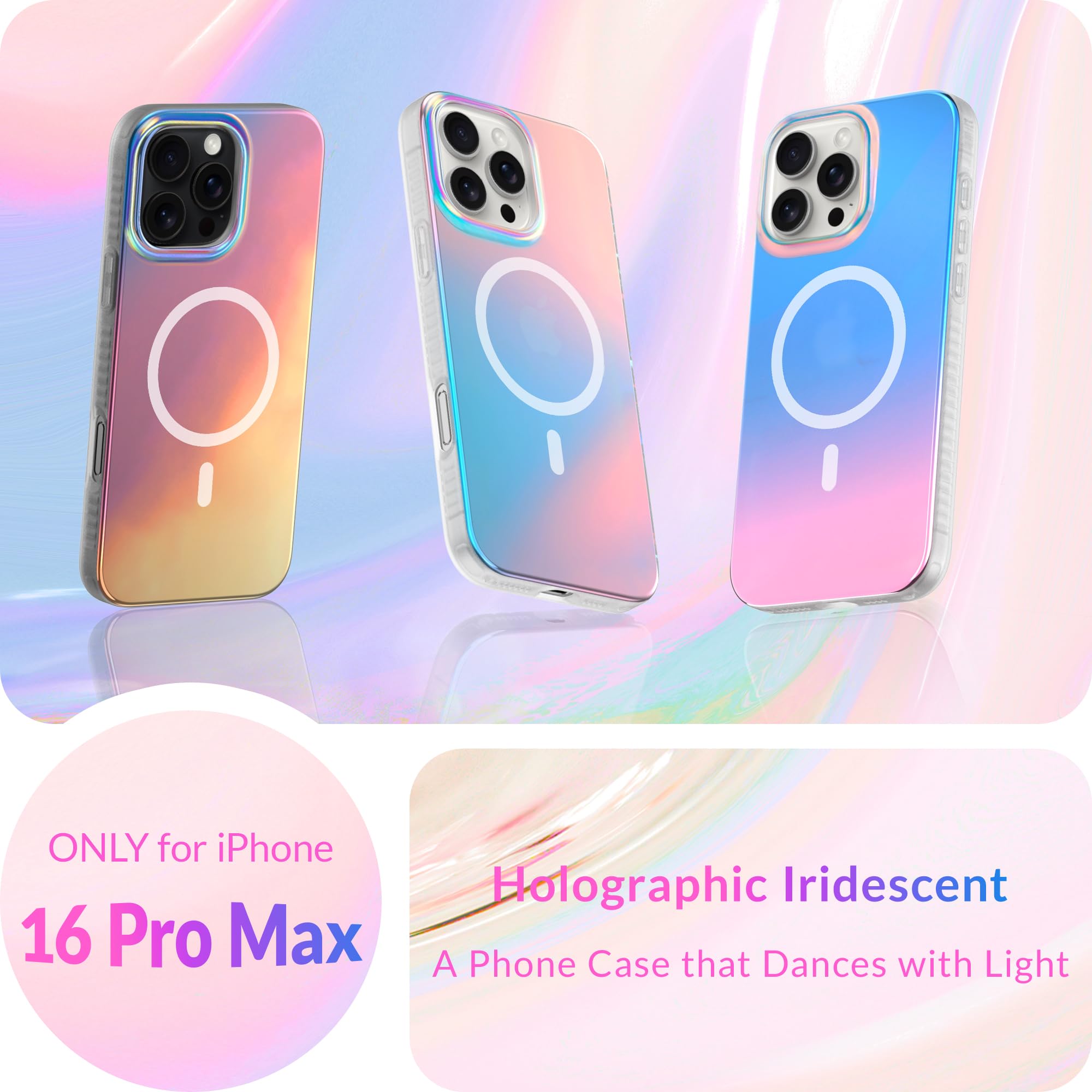 Lonli Hue   Iphone 16 Pro Max Magnetic Case [Compatible With Magsafe]   Holographic Iridescent Phone Case   [360 Shock Absorbent