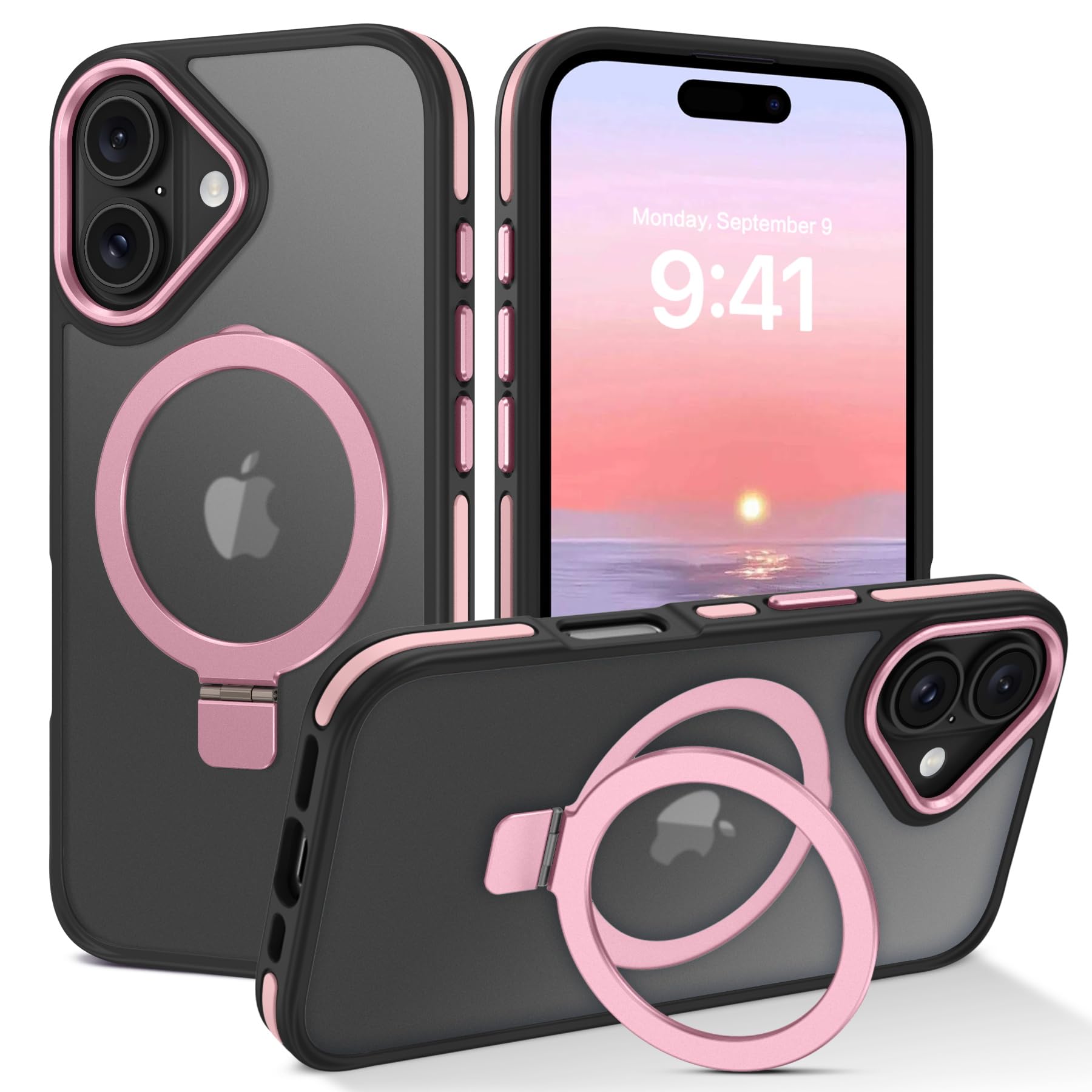 Veningo Iphone 16 Case, Magnetic Slim Fit Magsafe Translucent Matte Car Mount Supported With Foldable Ring Holder Kickstand Shoc