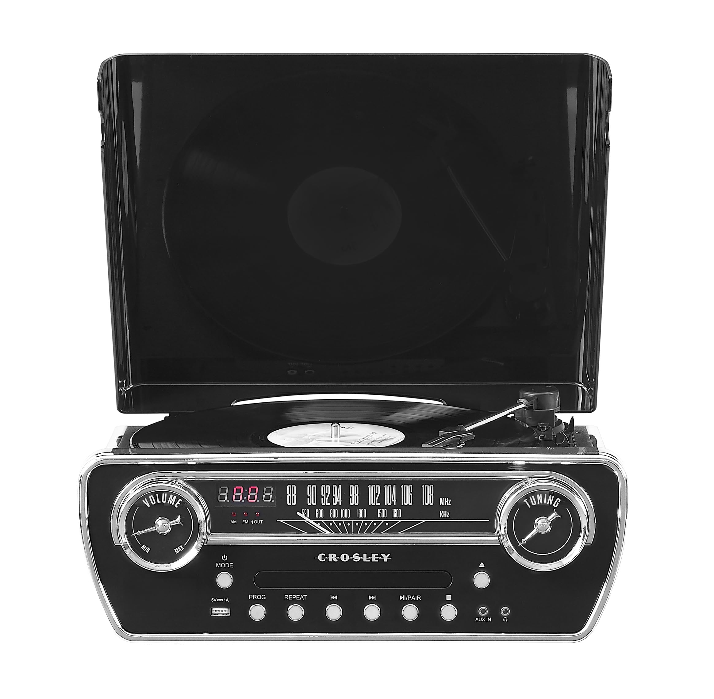 Crosley CR6047A-BK Powel 7-in-1 Bluetooth in/Out Vinyl Record Player with AM/FM Radio, CD Player, and Aux-in, Black