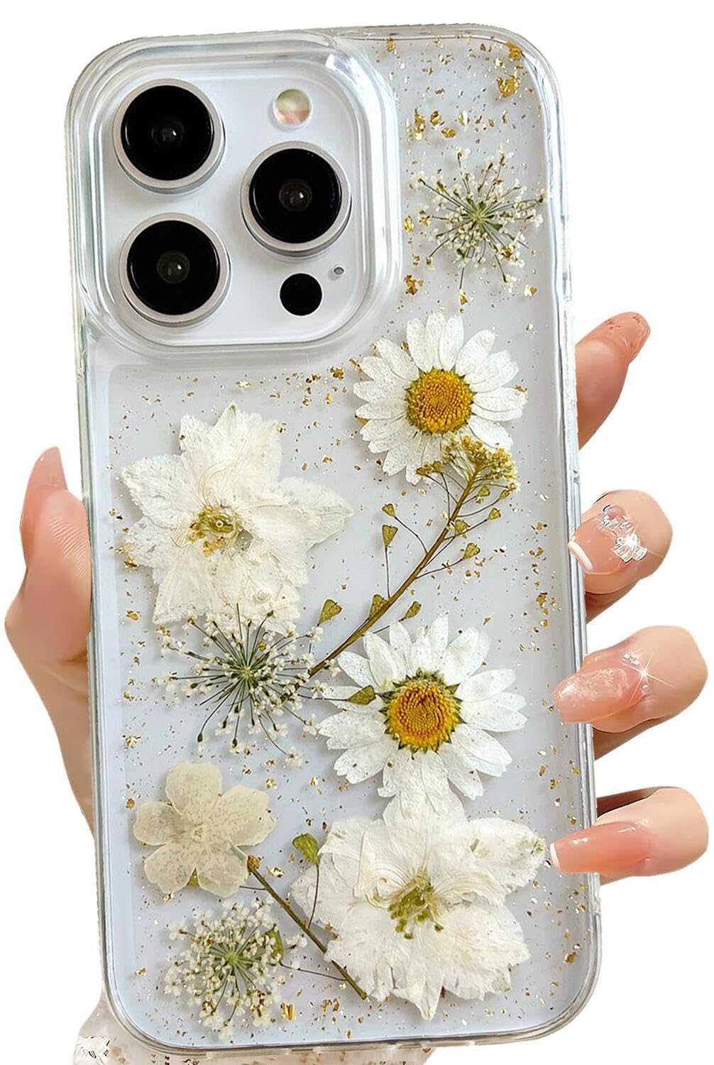 Lseeka For Iphone 16 Pro Clear Case With Pressed Real Flowers Design,Glitter Cute White Floral Pattern Slim Soft Tpu Protective