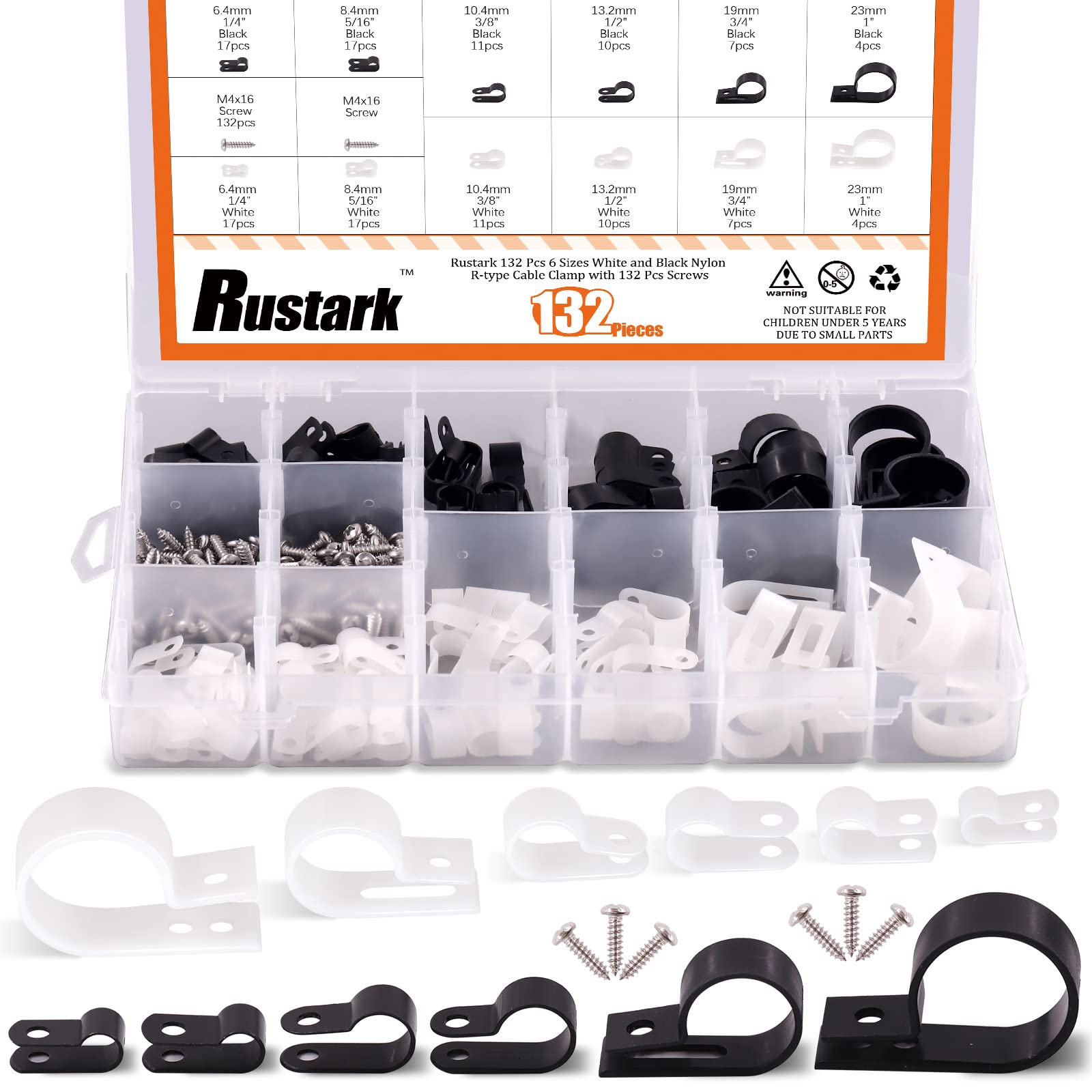 Rustark 132 Pcs 6 Sizes White And Black Nylon R Type Cable Clamp Cable Organizer Cord Fasteners Screw Mounting Electrical Grip Wire Clips With 132 Pcs Screws For Wire Management (Black And White)