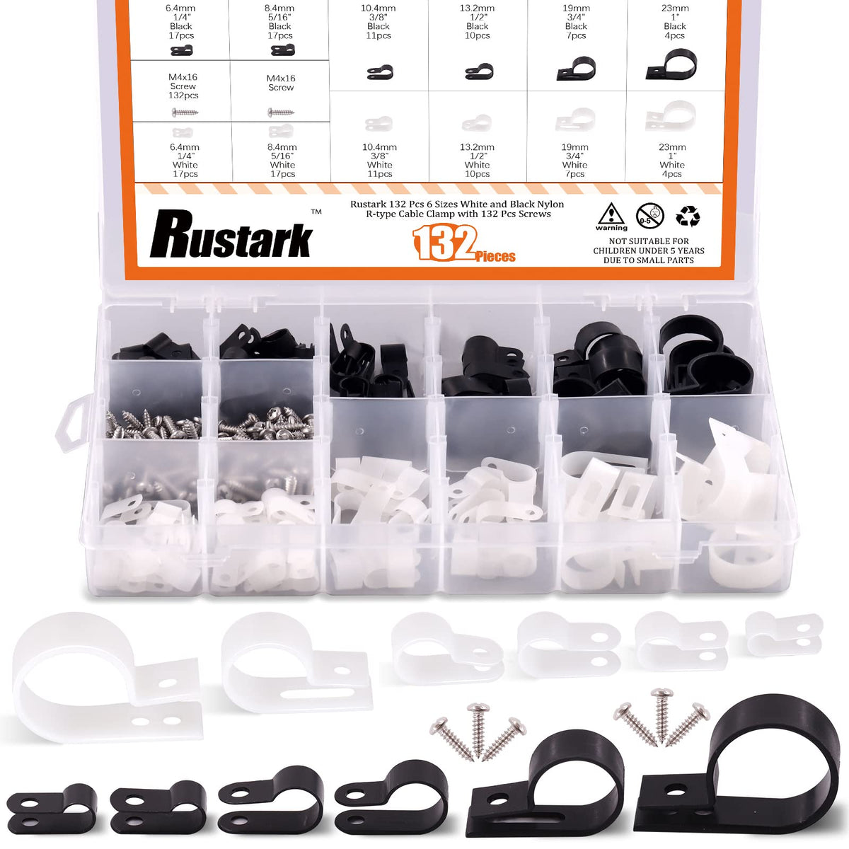 Rustark 132 Pcs 6 Sizes White And Black Nylon R Type Cable Clamp Cable ...