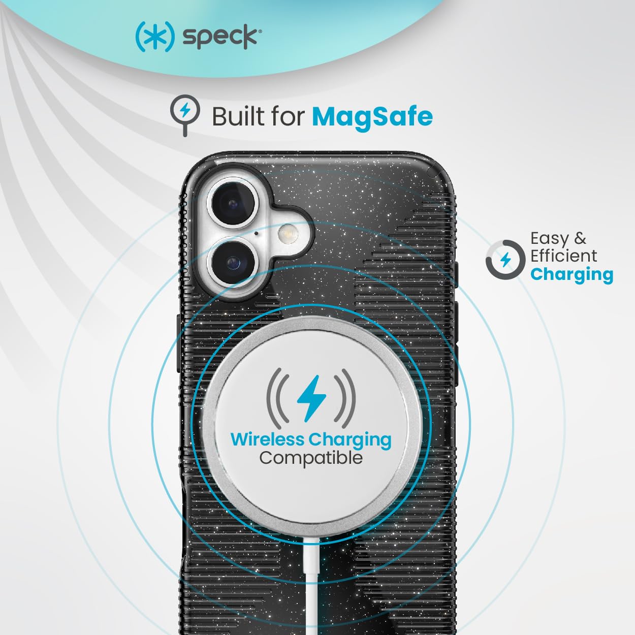 Speck iPhone 16 Case - CandyShell Grip, Slim MagSafe, Polycarbonate, Black Glitter/Steel Black, Model 150695-3247