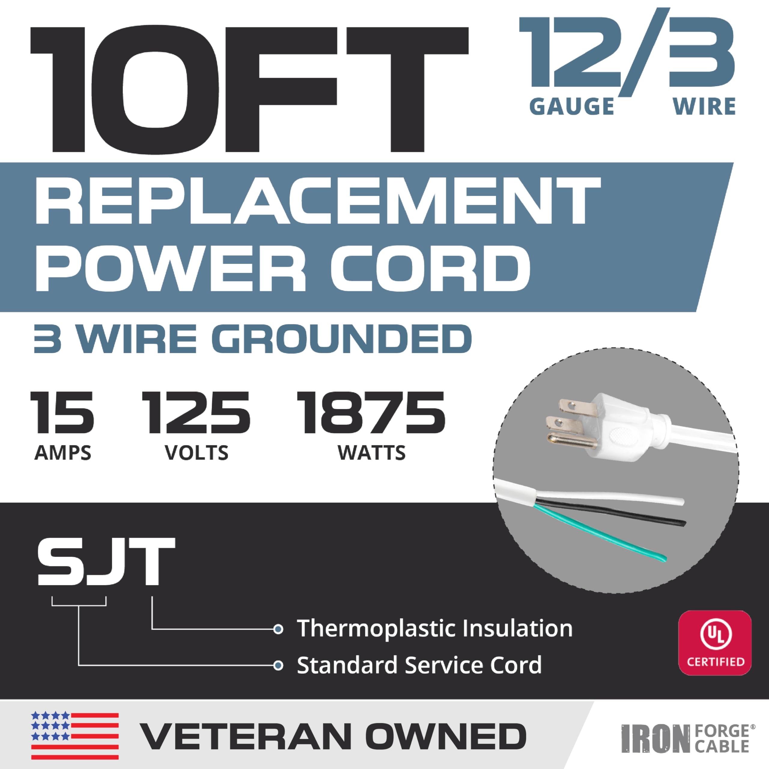 Iron Forge Cable 12 Gauge Power Cord Replacement   10Ft,15 Amp White Heavy Duty Extension Cord, 12/3 Sjt 3 Prong Electric Cable