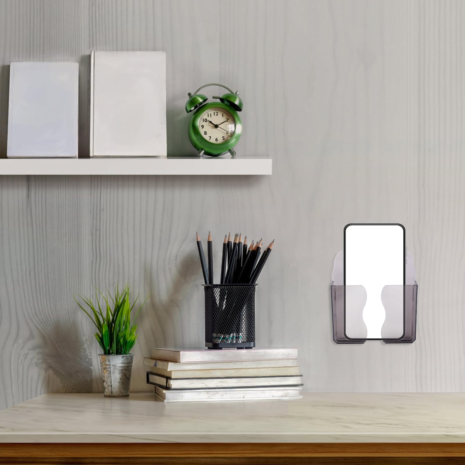 2Pcs Wall Mount Phone Holders, Clear Plastic Self Adhesive With Charging Hole Shelf Stand, Bedside Smartphone Stand Cradle, Cell