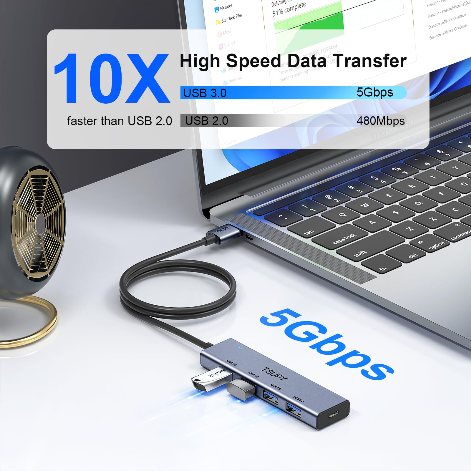 Usb 3.0 Hub, Tsupy Usb Splitter With 5 Usb Ports And 4Ft Extended Cable,Ultra Slim Aluminium Data Hub Multi Usb 3.0 Adapter Hub Compatible For Laptop,Macbook,Pc, Printer, Mobile Hdd And More