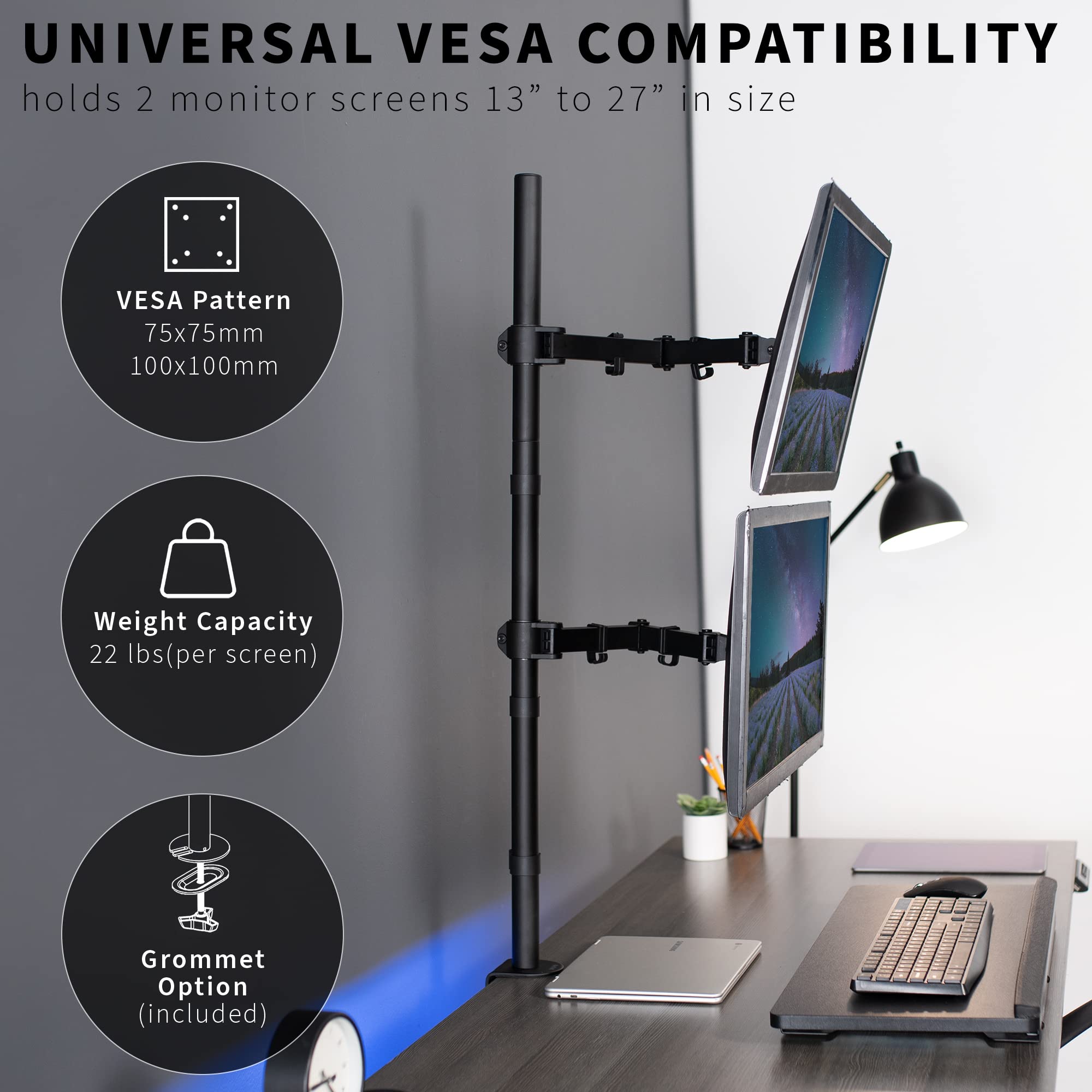 VIVO Extra Tall Vertically Stacked Dual Monitor Desk Mount Stand with 99 cm Stand up Pole, Fully Adjustable Extended Arms, Fits 2 Screens up to 27 inches, STAND V012T