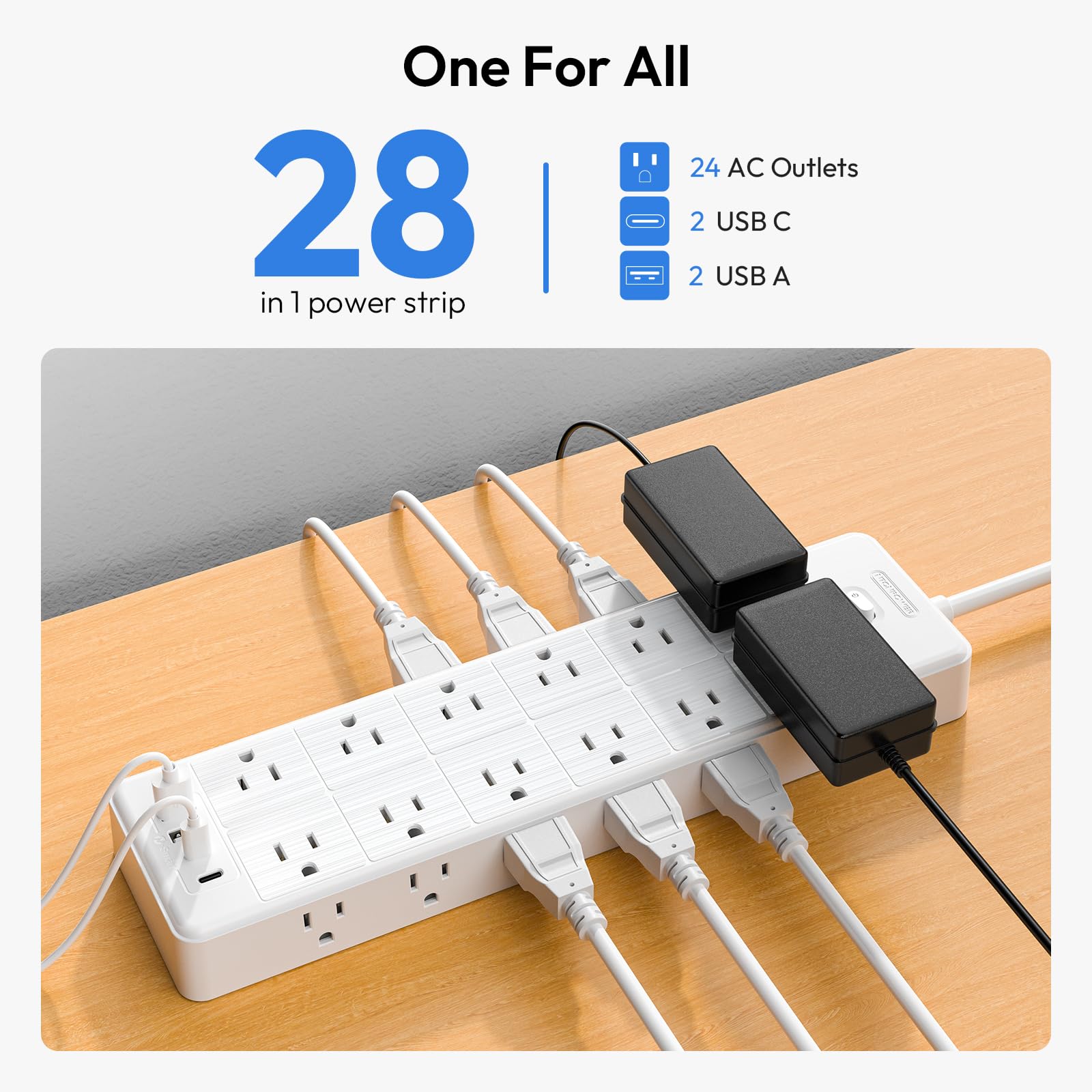 24 Widely Outlets Extension Cord 25 Ft Ntonpower Long Extension Cord Surge Protector With 4 Usb Ports,15A/1875W Power Strips Wit