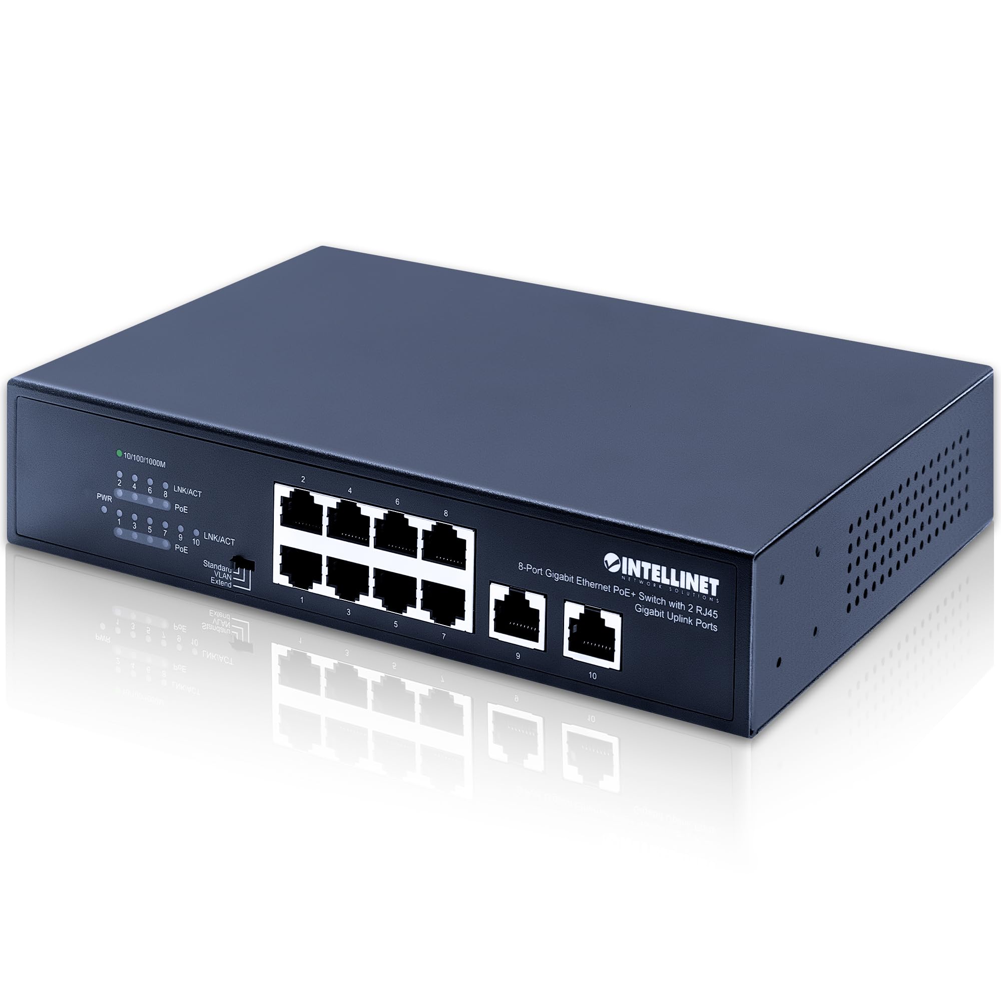 Intellinet 8-Port Gigabit Ethernet PoE+ Switch with 2 RJ45 Gigabit Uplink Ports,120W Power Budget, Manual VLAN Mode, Endspan, Se