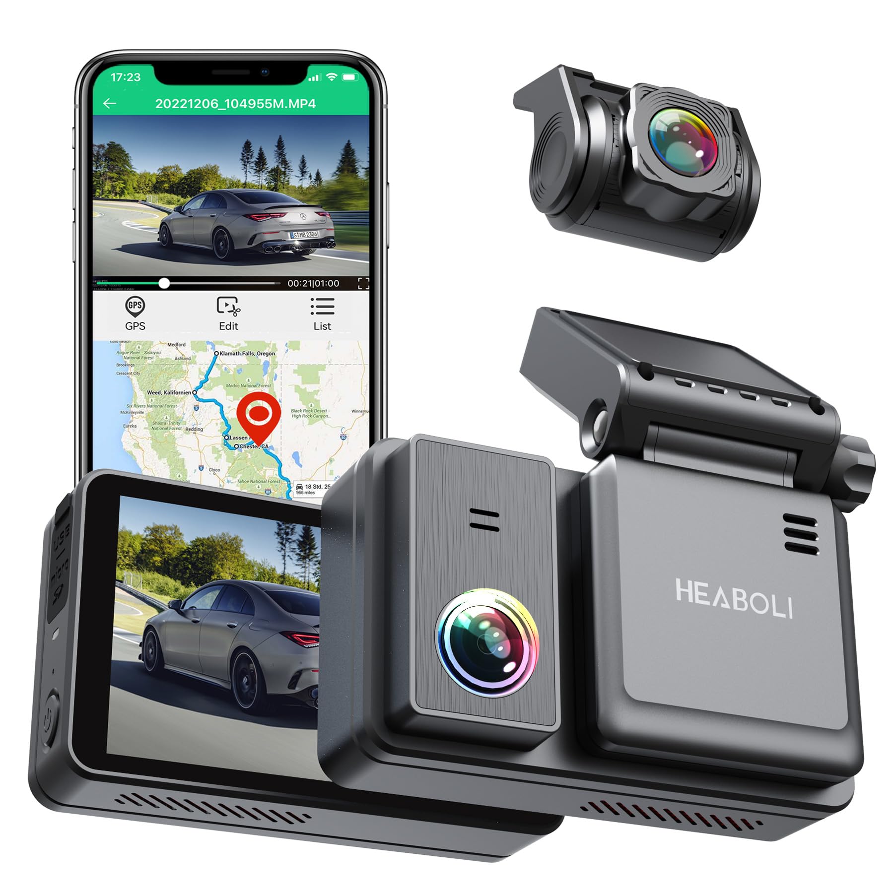 Heaboli 4K Dual Dash Cam Front And Rear, Wi Fi Gps, 3 Inches Ips Touch Screen, Car Camera Driving Recorder With Night Vision, Pa