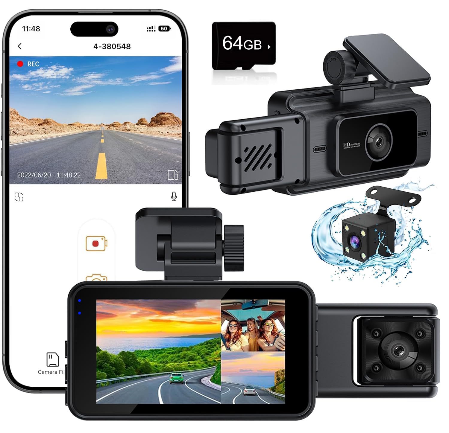Dash Camera For Cars, 3 Channel 4K Dash Cam Front And Rear Inside,1080P Full Hd 170 Deg Wide Angle Dashboard Camera With 64Gb Ca