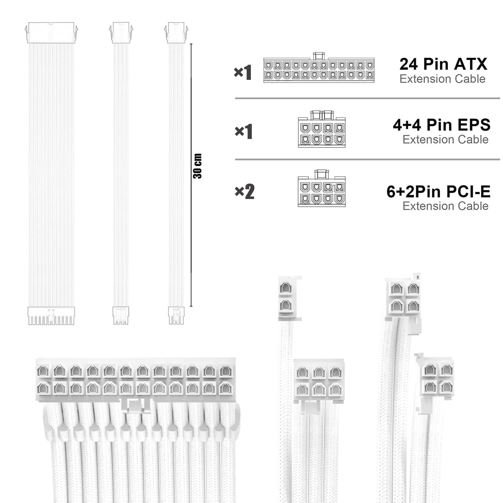 Abno1 Psu Cable Extension Kit 30Cm Length With Cable Combs 1X24Pin/1X8Pin(4+4) Eps/2X8Pin(6P+2P) Pci E/Pc Sleeved Cable For Atx