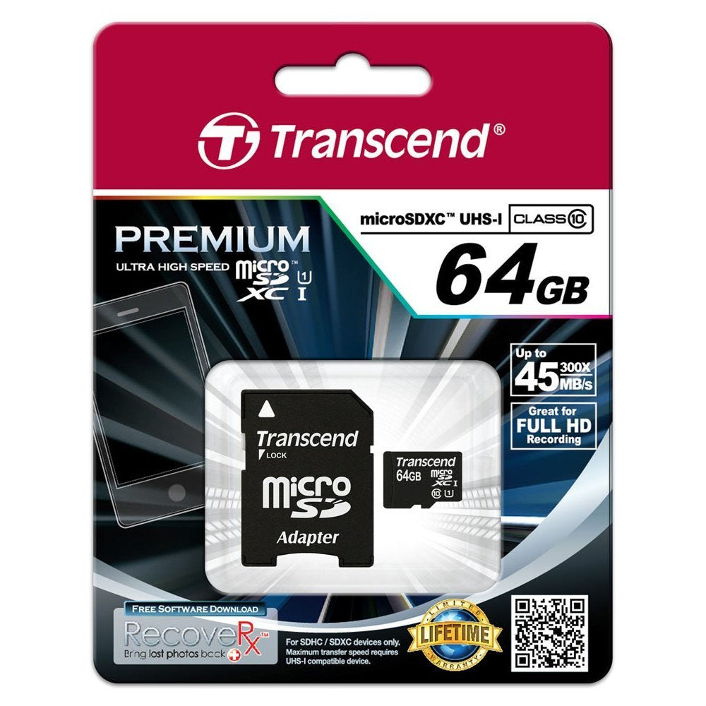 Transcend 64Gb Microsdxc Class10 Uhs 1 Memory Card With Adapter 90 Mb/S (Ts64Gusdu1)