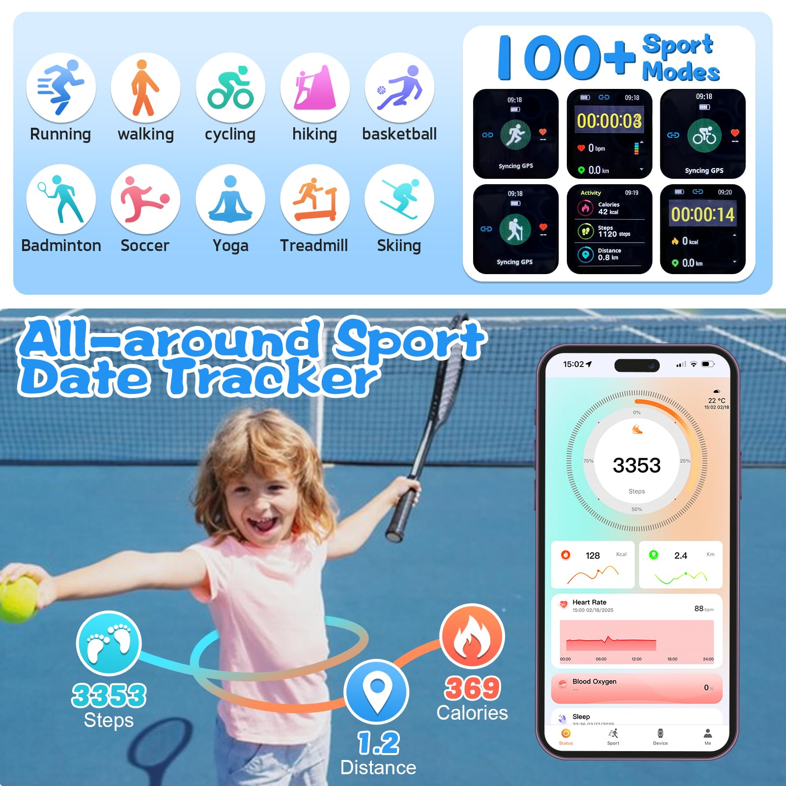Smart Watch For Kids Fitness Activity Tracker For Boys Girls, Waterproof, Puzzle Games, Alarm Music, Sport Mode, Heart Rate, Sle