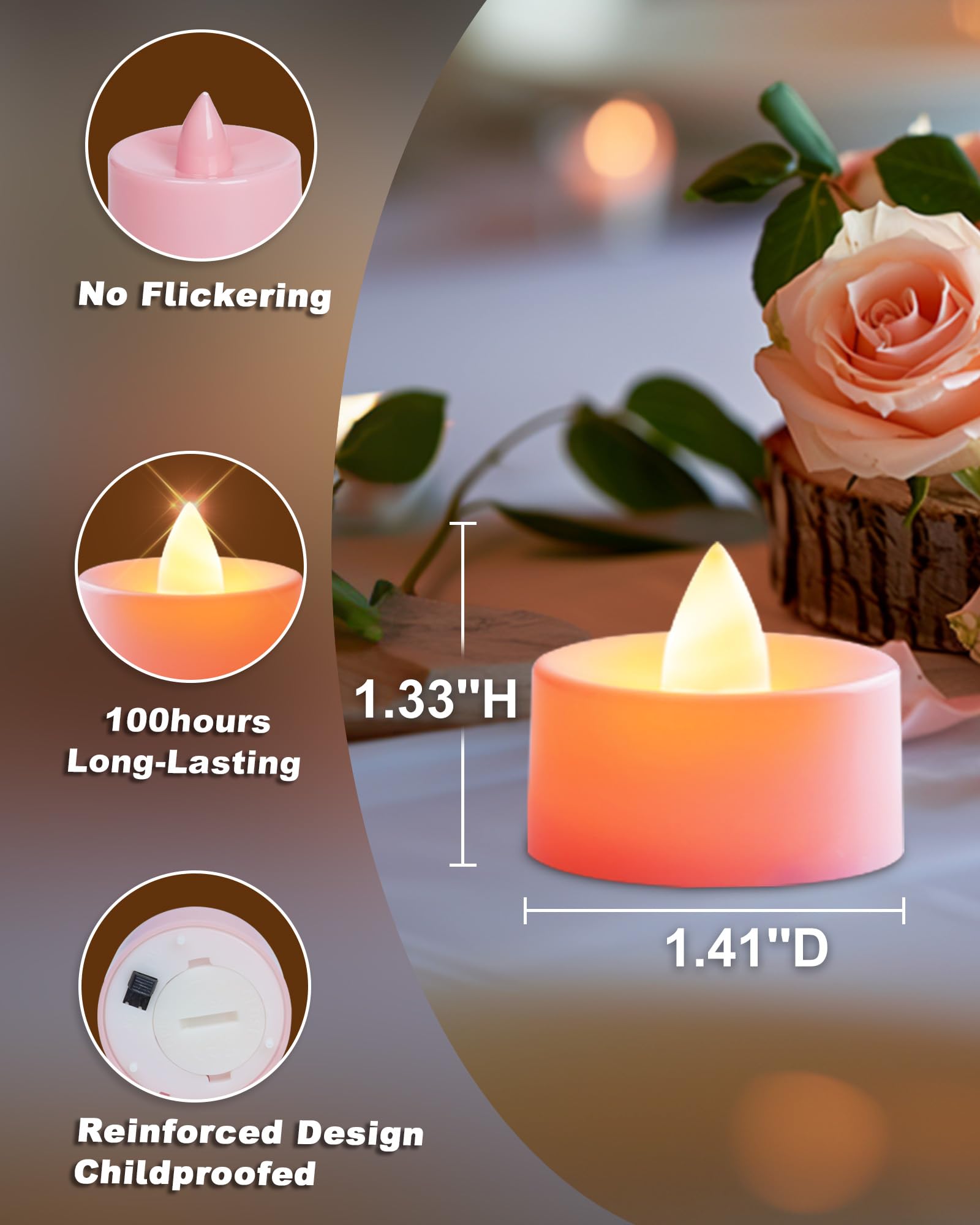 Amagic Pink Led Tea Lights Candles, 24 Pack Battery Operated Flameless Tea Lights, Long Lasting Colored Tealights Candles For Th