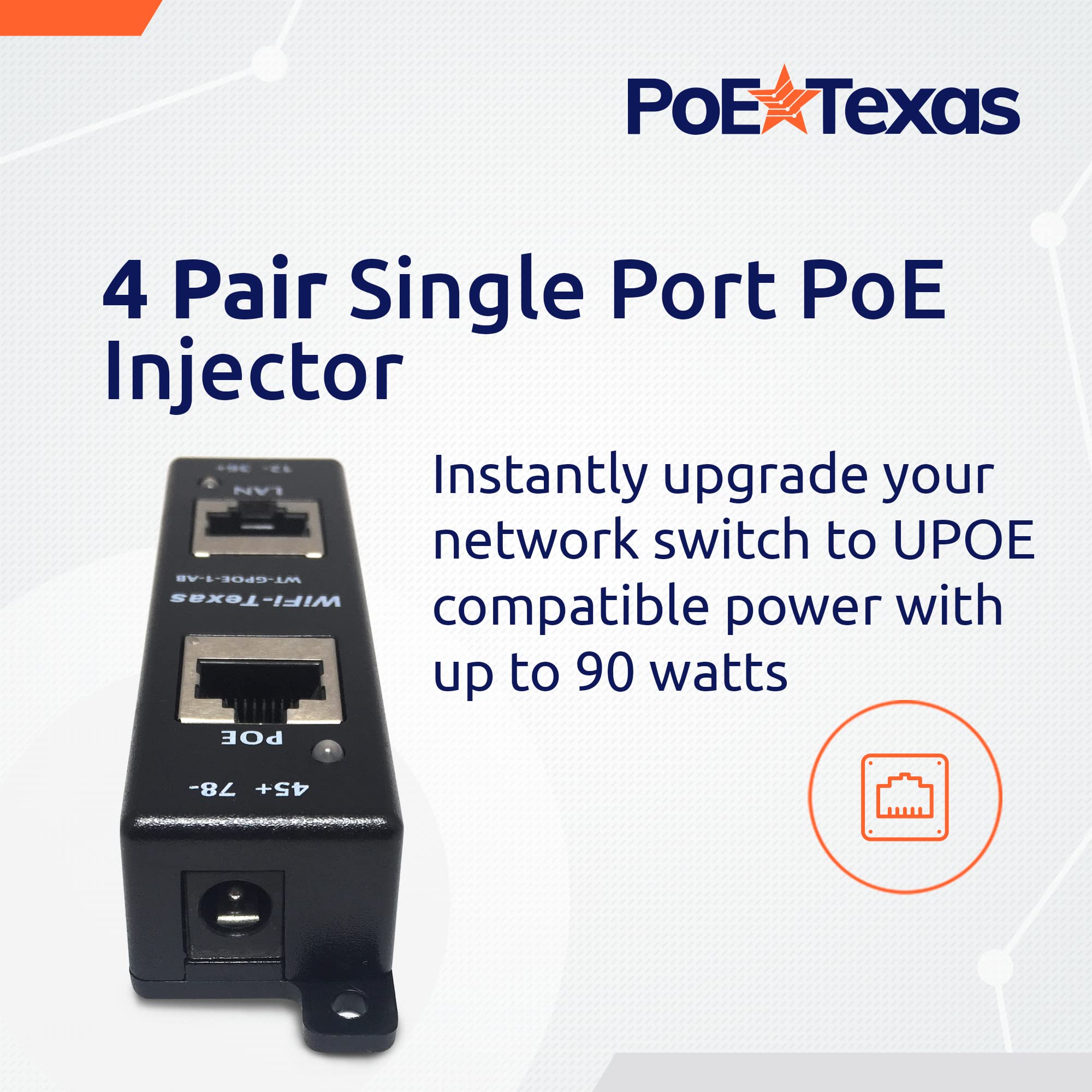Poe Texas Poe Injector   Single Port 4 Pair Poe+ Injector/Splitter   Power Over Ethernet Passive Poe Adapter For 802.3Af / Poe+ / Poe++ 10/100/1000 Gigabit Data   Mode A/B Wall Mount Plug & Play