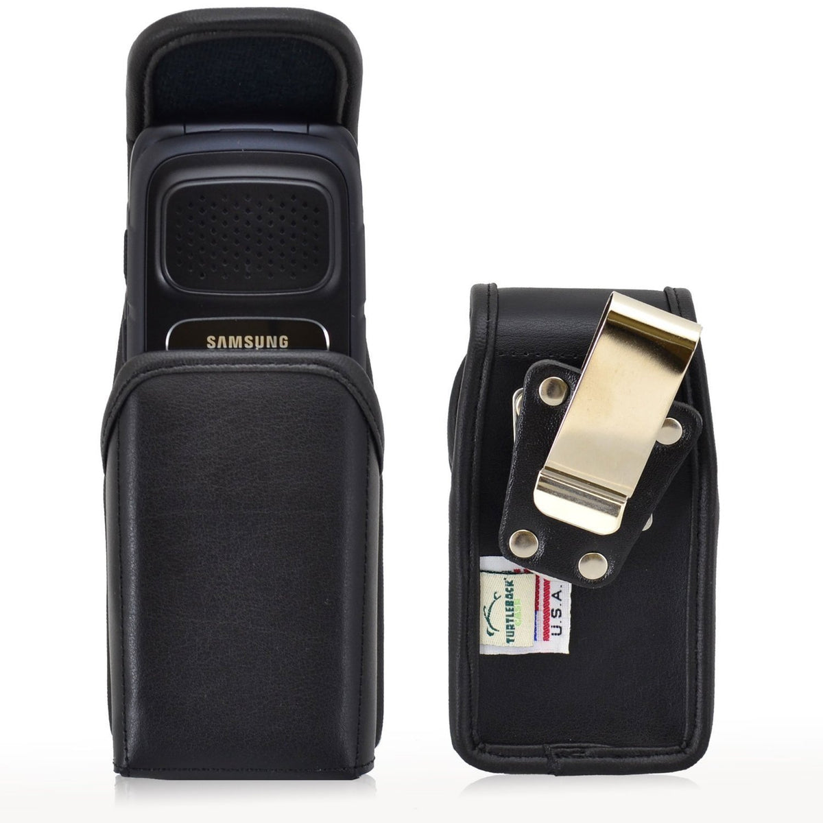 Turtleback Holster Compatible with Samsung Rugby 4, Flip Phone Pouch Case, Magnetic Closure (Black Leather/Rotating Clip) -