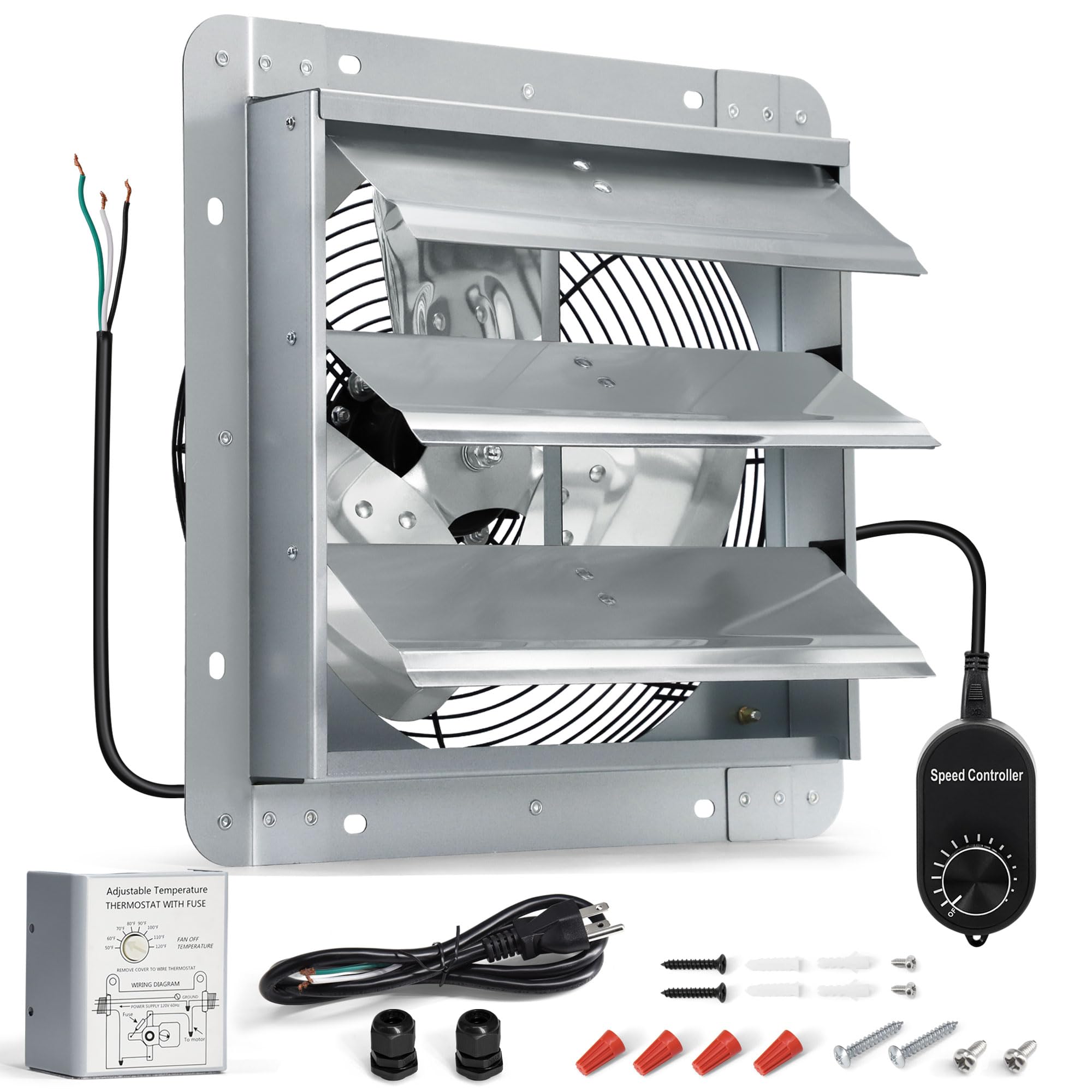 Hipoilk 14 Inch Shutter Exhaust Fan, High Power Wall Mount Attic Fan With Thermostat And Speed Controller For Greenhouses, Sheds