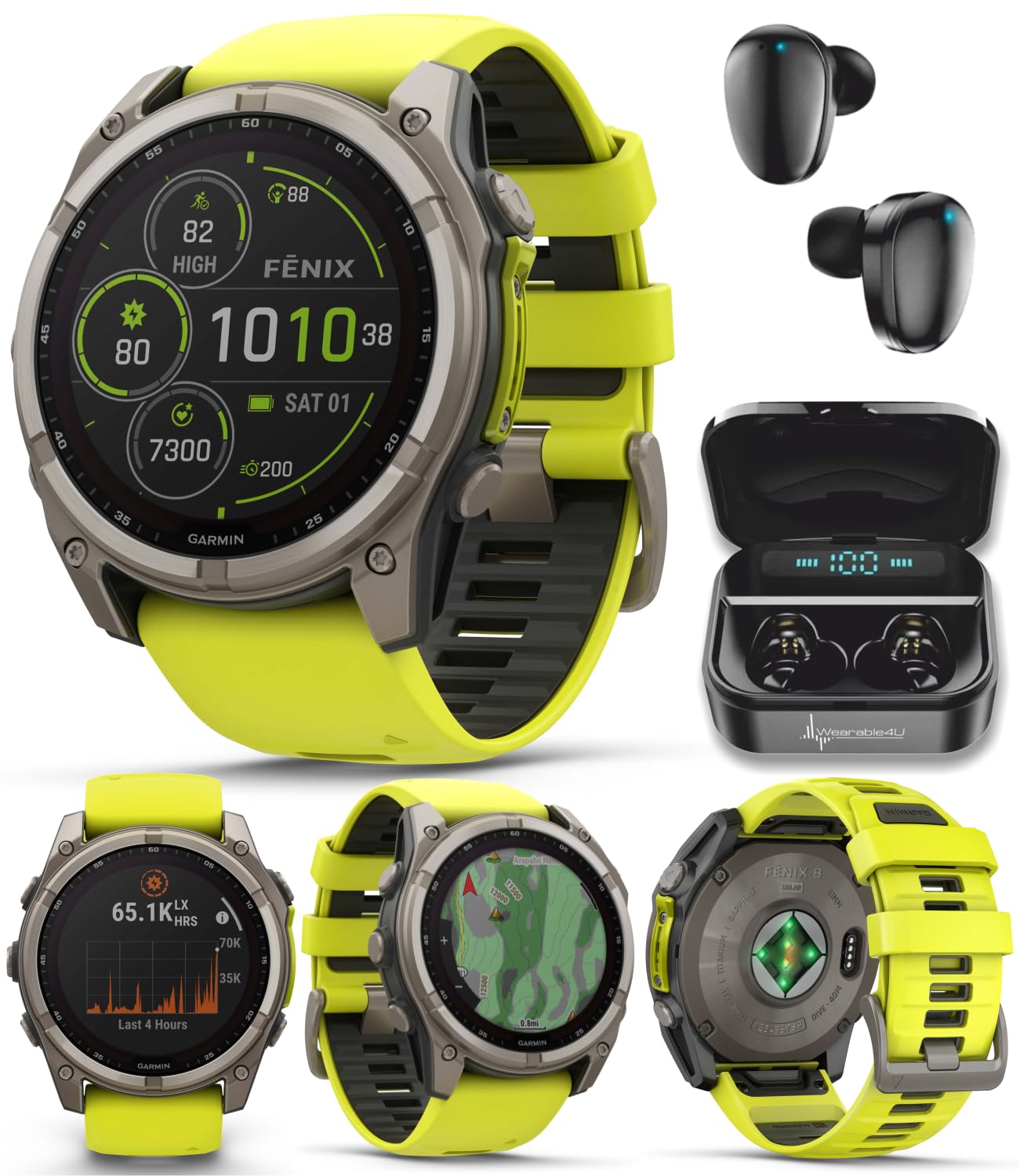 Wearable4U Garmin Fenix 8 - 51 mm, Solar, Sapphire Amp Yellow/Graphite Silicone GPS Smartwatch Black Earbuds Bundle