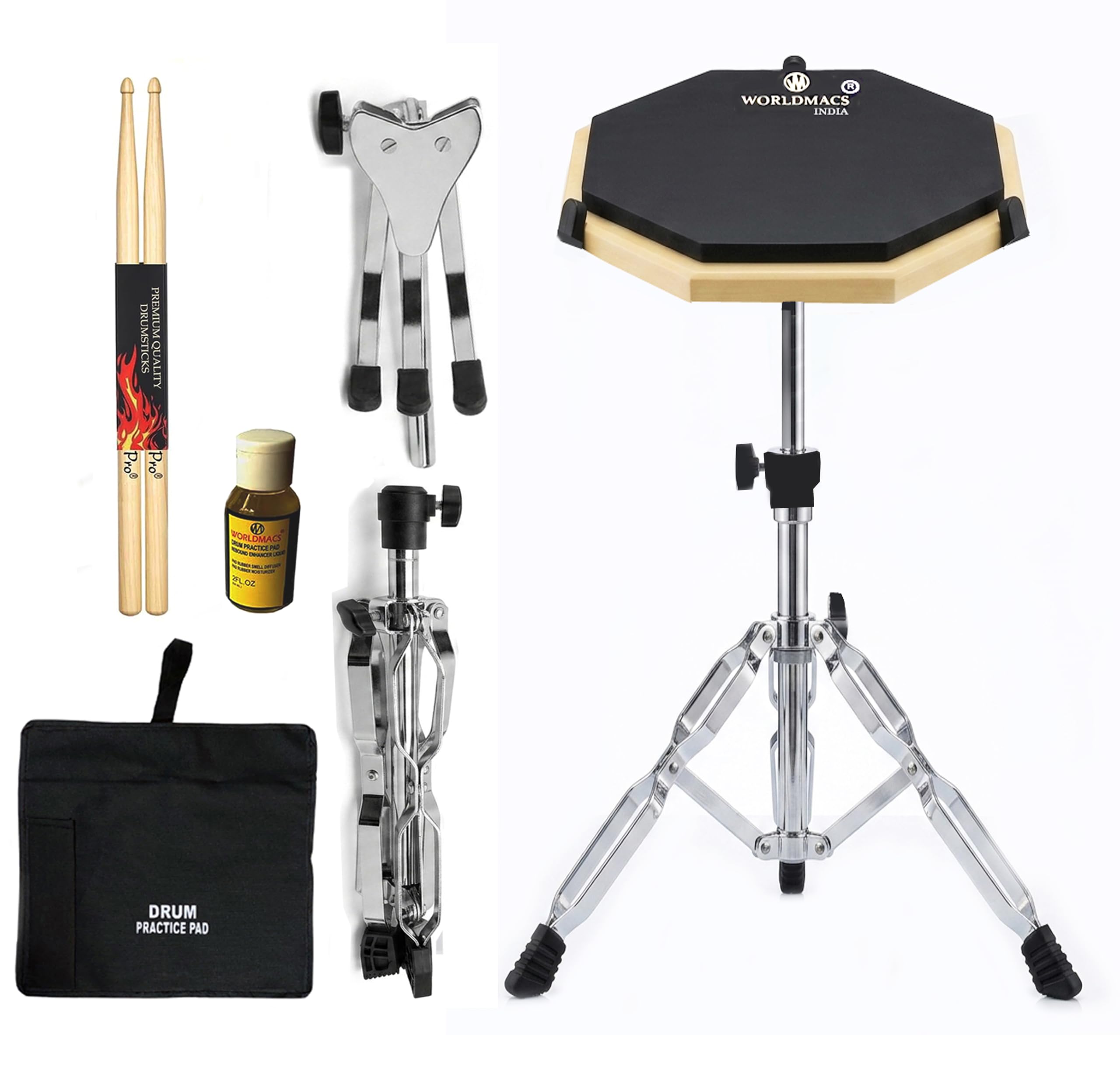 Worldmacs 12inch Advance 3 Surface Drum Practice Pad With Stand | Bsiii (Heavy Duty Double Braced) | Zipper Carry Bag | Premium Bal