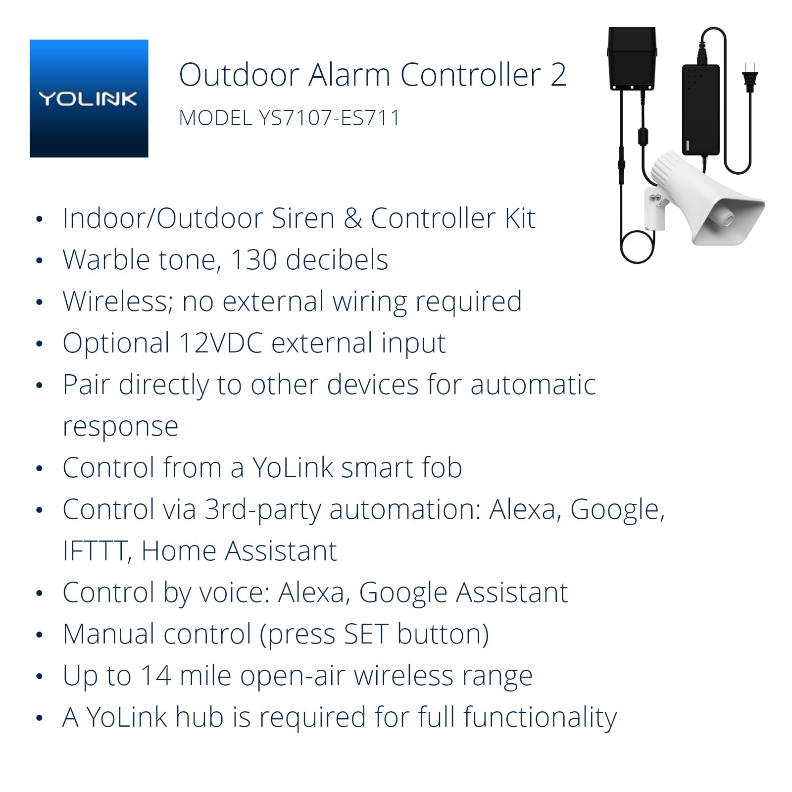 Outdoor Alarm Controller 2, Siren/Alarm/Relay Controller, 12Vdc Out, 12Vdc In, 130Db Siren With 12Vdc On, 110Db Siren With Battery Only, Yolink Hub Required For Full Functionality!