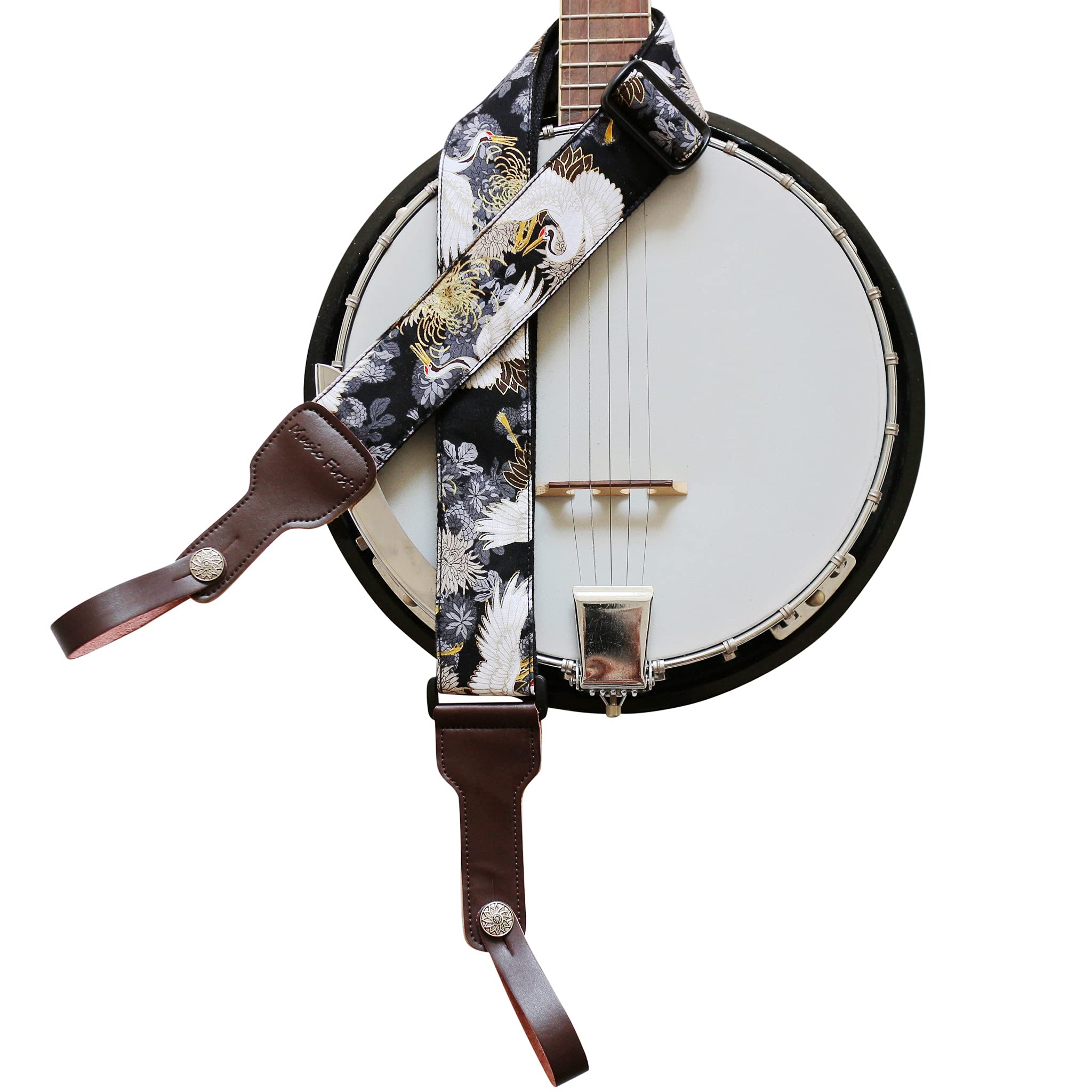 Music First, 2 Inch Width (5Cm), Padded, Vintage Ukiyoe Style''Chrysanthemum & Crane In Black'' Soft Muslin & Genuine Leather De