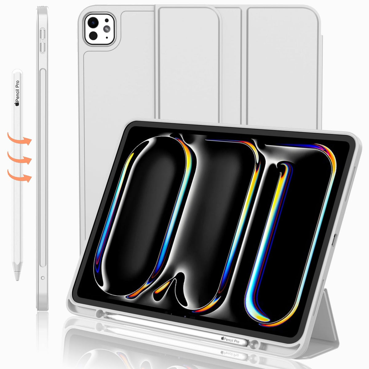 Imieet Ipad Pro 13 Inch Case M4 (2024) With Pencil Holder, [Support Pencil Pro And Pencil (Usb C)],Trifold Stand Smart Case With Soft Tpu Back, Auto Wake/Sleep (Light Gray)