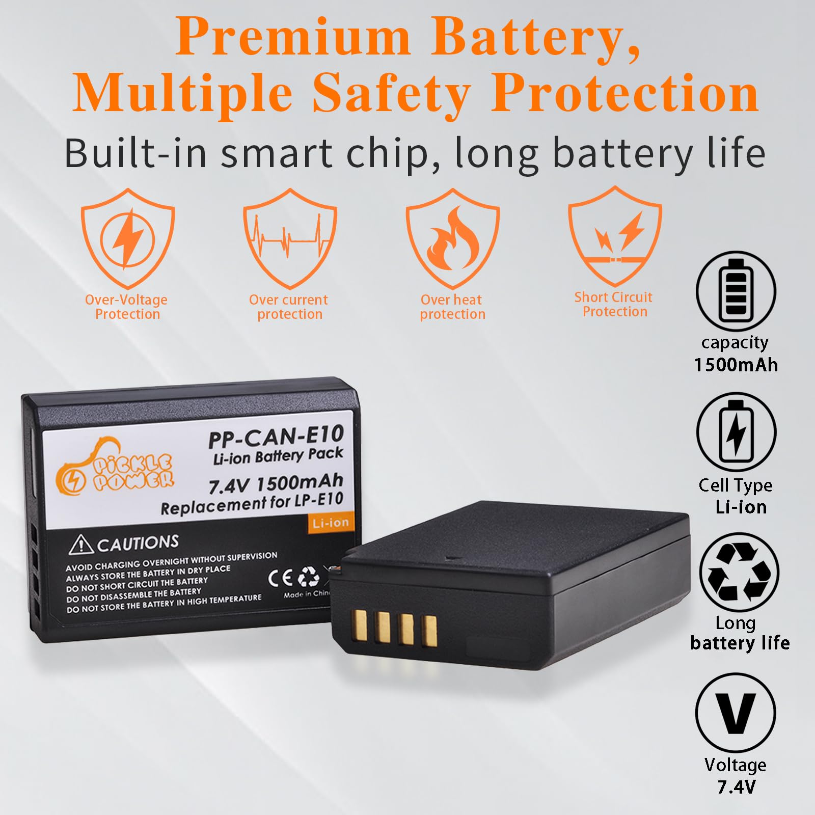 Pickle Power Lp E10 Battery And Led Usb Dual Charger For Canon Eos Rebel T7 T6 T5 T3 T100, Eos 2000D, 3000D, 4000D, 1200D 1100D