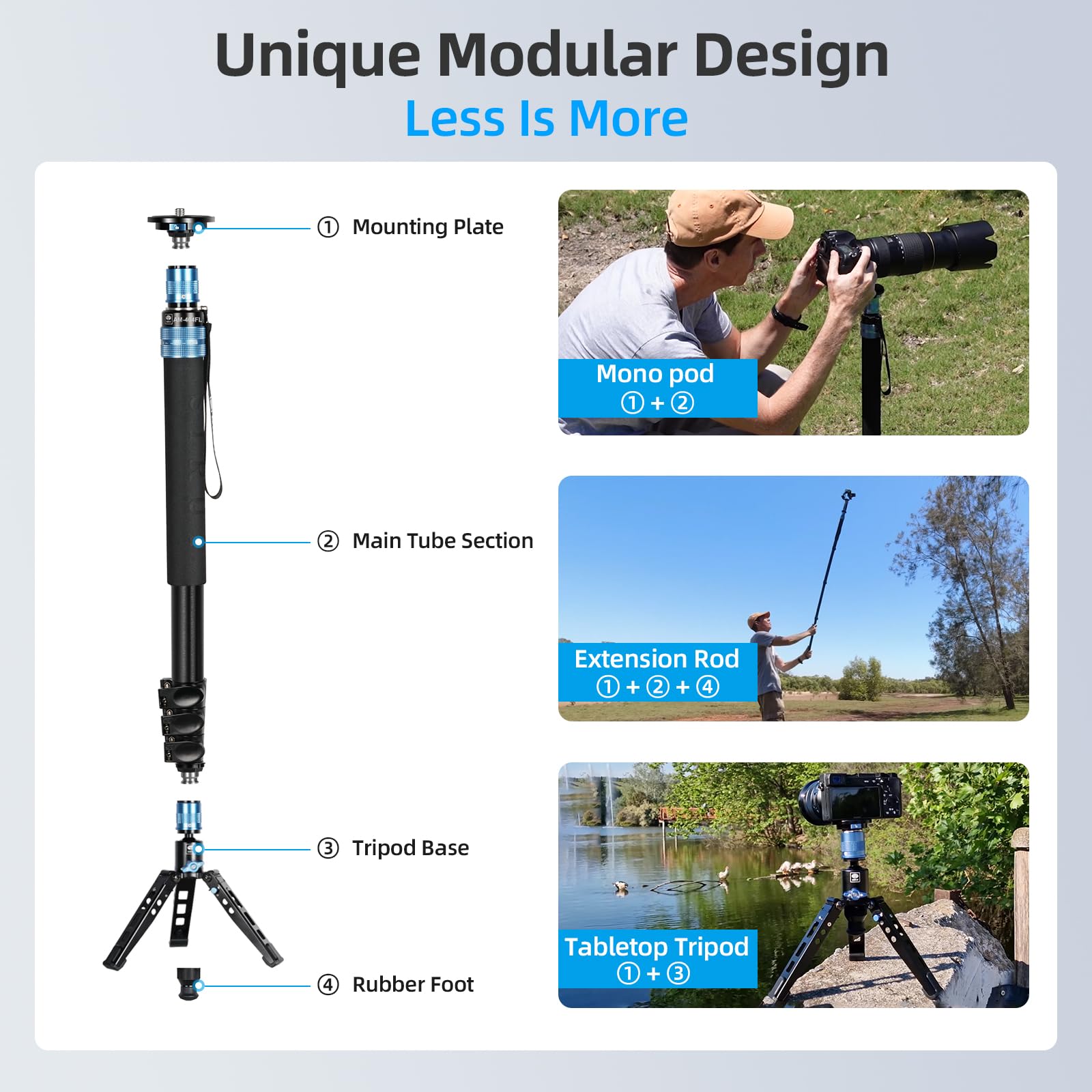 Sirui Am-404Fl Camera Monopod With Feet, 74.8 Inch Aluminum Video Monopod With Removable Base, Slim And Lightweight, Max Load 26