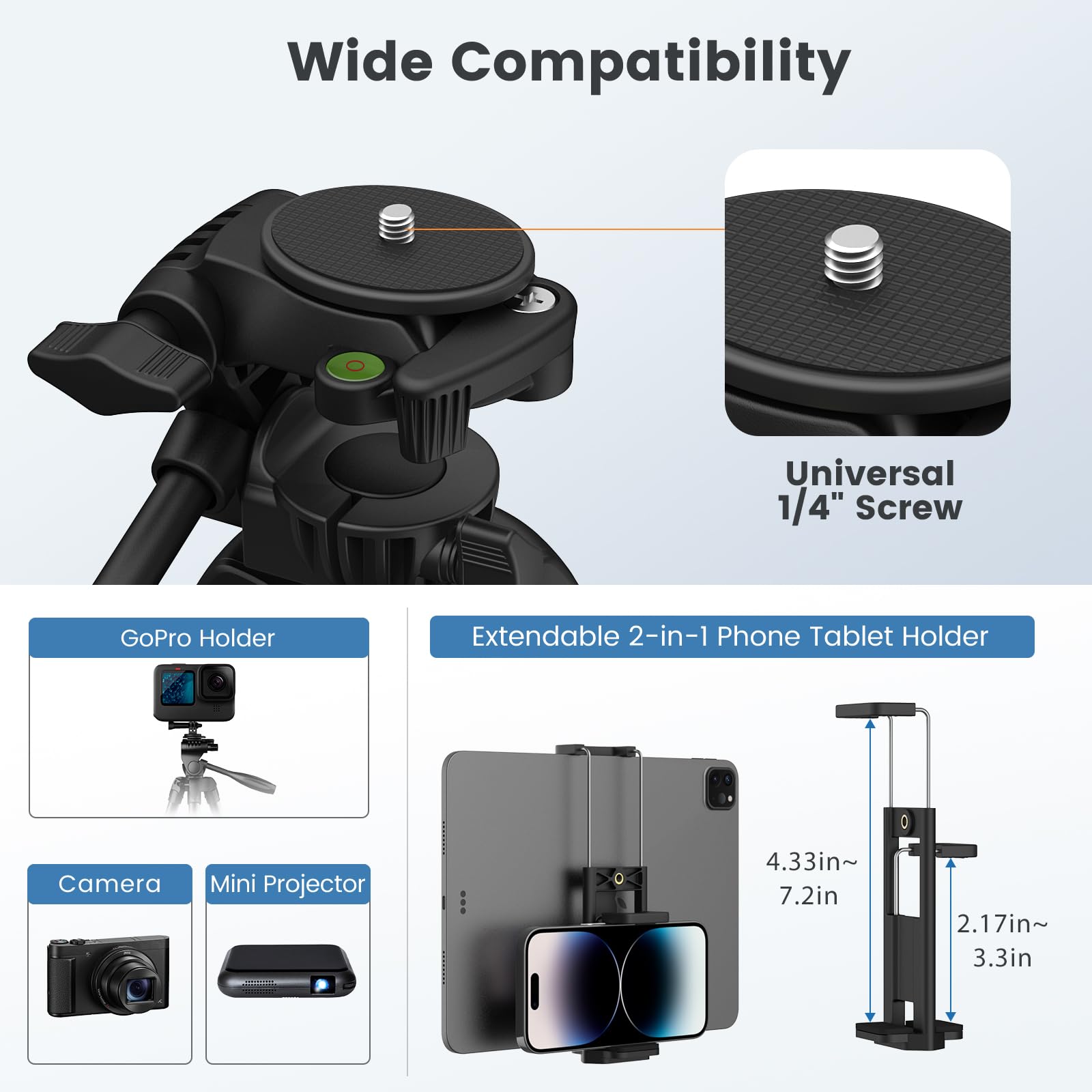 MoKo 60' Camera Tripod for Canon Nikon, Lightweight Aluminum DSLR Camera Stand Holder with Carrying Bag, Universal Phone Tablet Mount and Wireless Remote, Max Load 6.61 lbs, Black