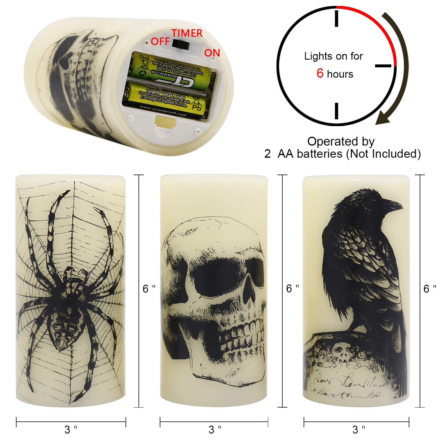 Eldnacele Halloween Flickering Candles With Skull, Spider Web, Crow Raven Decals Set Of 3, Battery Operated Halloween Themed Led